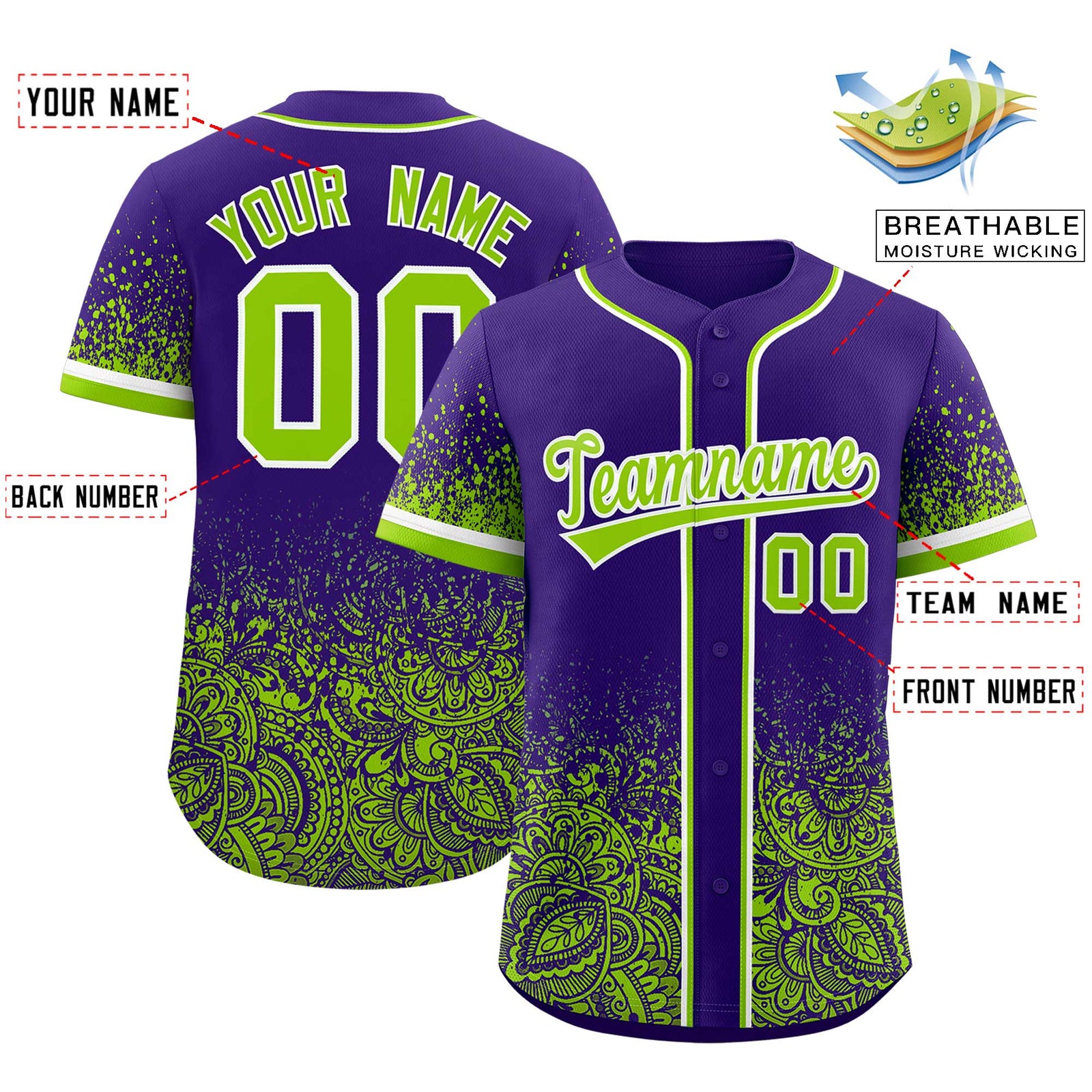 Custom Purple Neon Green Floral Print Pattern Full Button Gradient Fashion Baseball Jersey
