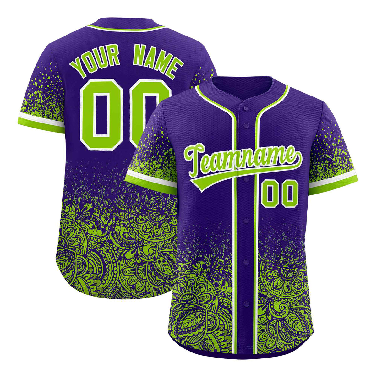 Custom Purple Neon Green Floral Print Pattern Full Button Gradient Fashion Baseball Jersey