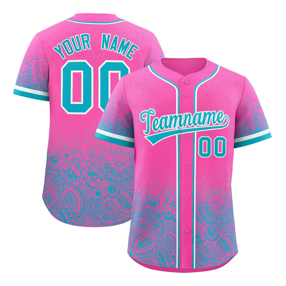 Custom Pink Sky Blue Floral Print Pattern Full Button Gradient Fashion Baseball Jersey