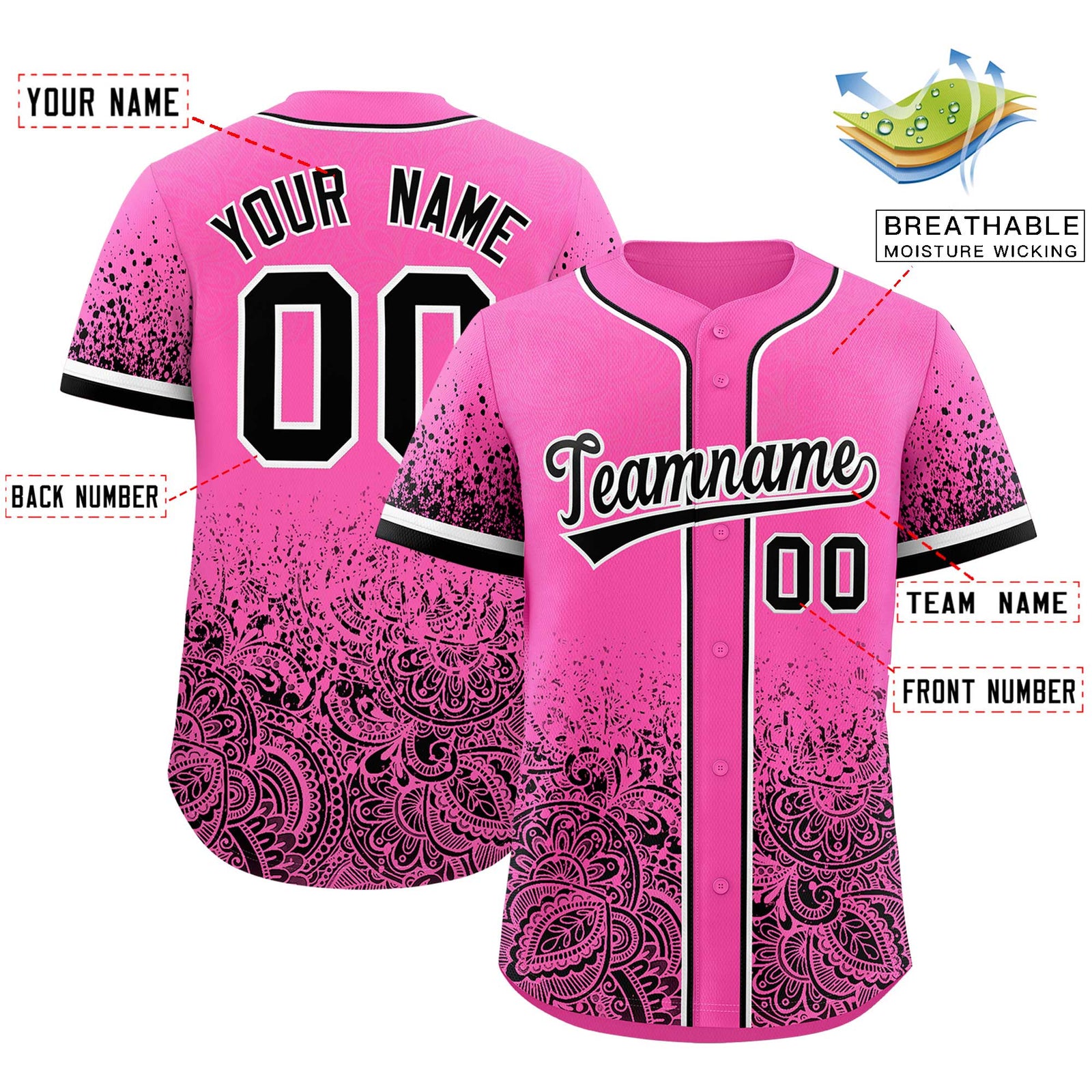 Custom Pink Black Floral Print Pattern Full Button Gradient Fashion Baseball Jersey