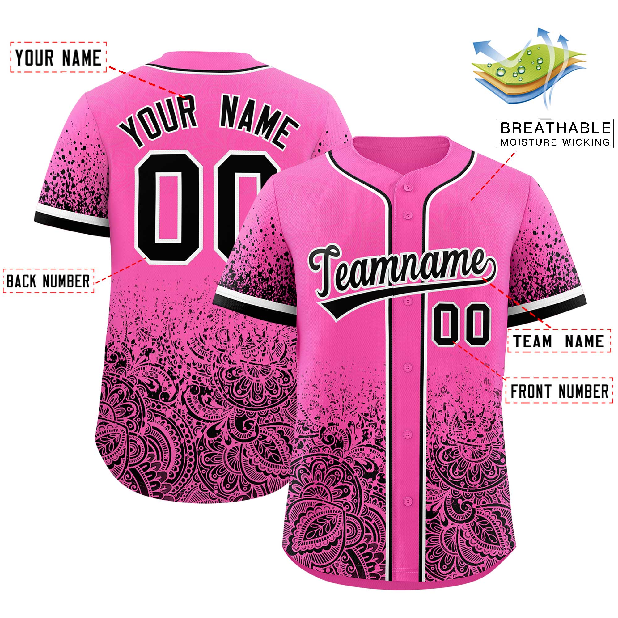 Custom Pink Black Floral Print Pattern Full Button Gradient Fashion Baseball Jersey