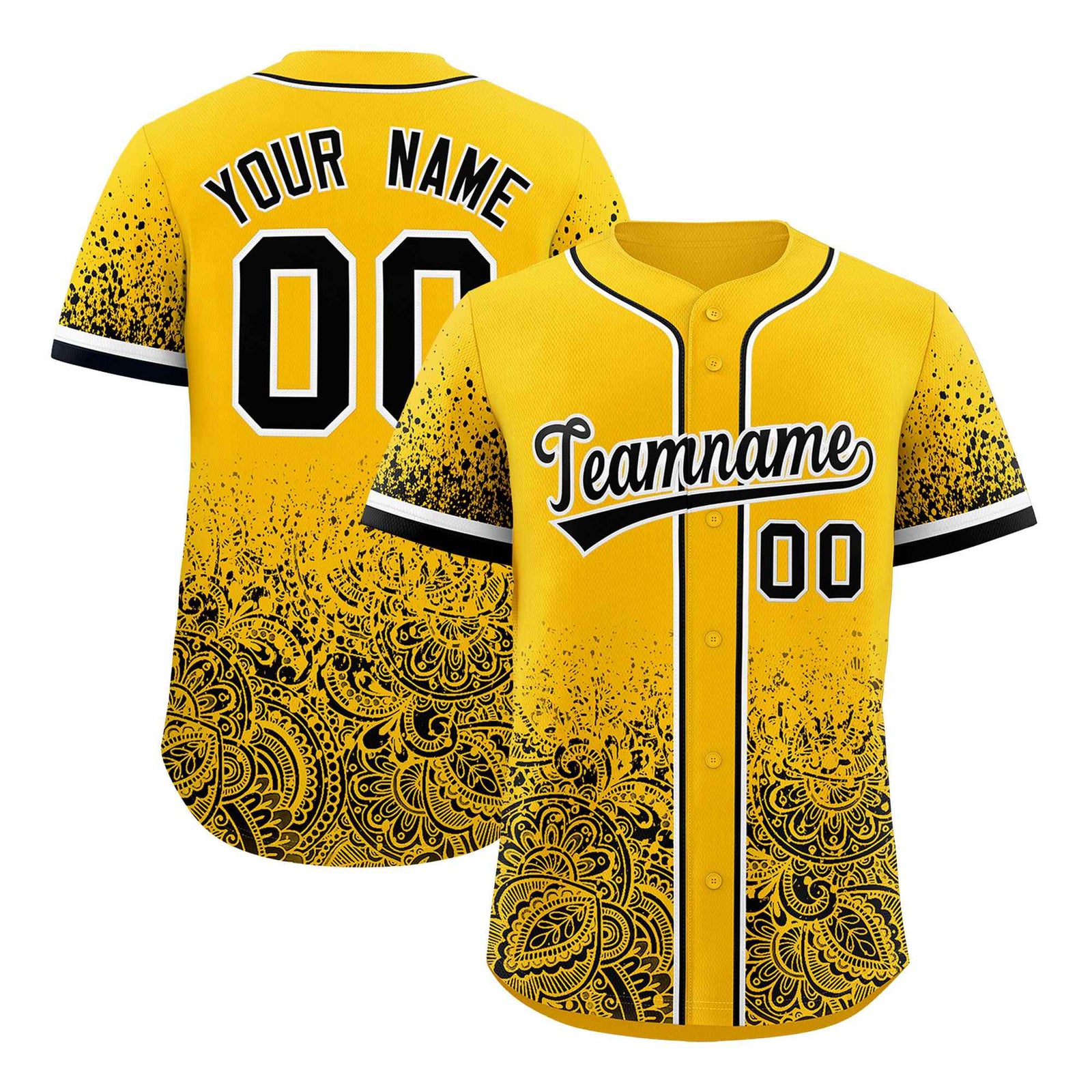 Custom Yellow Black Floral Print Pattern Full Button Gradient Fashion Baseball Jersey
