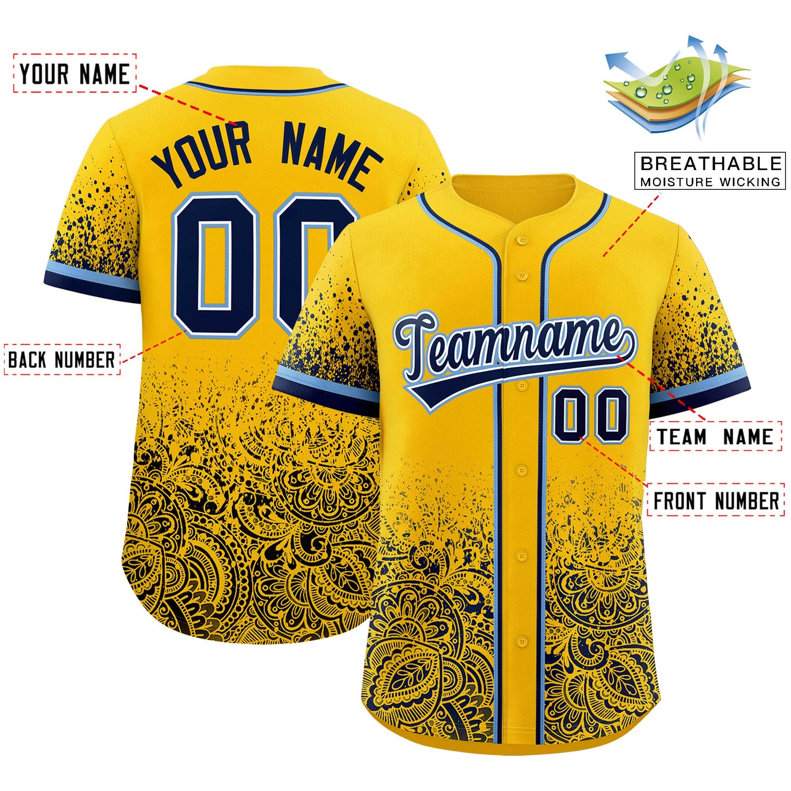Custom Yellow Navy Floral Print Pattern Full Button Gradient Fashion Baseball Jersey