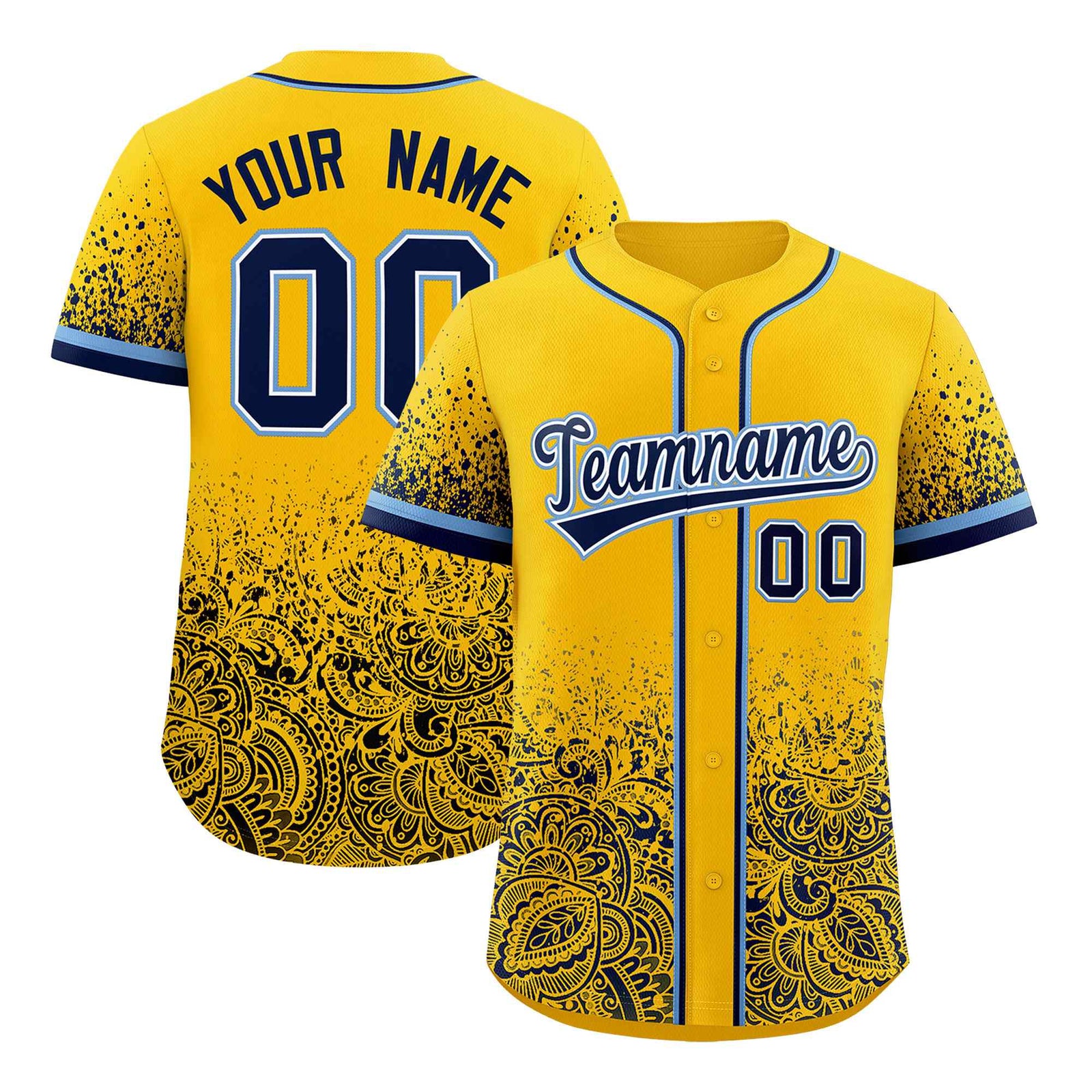 Custom Yellow Navy Floral Print Pattern Full Button Gradient Fashion Baseball Jersey