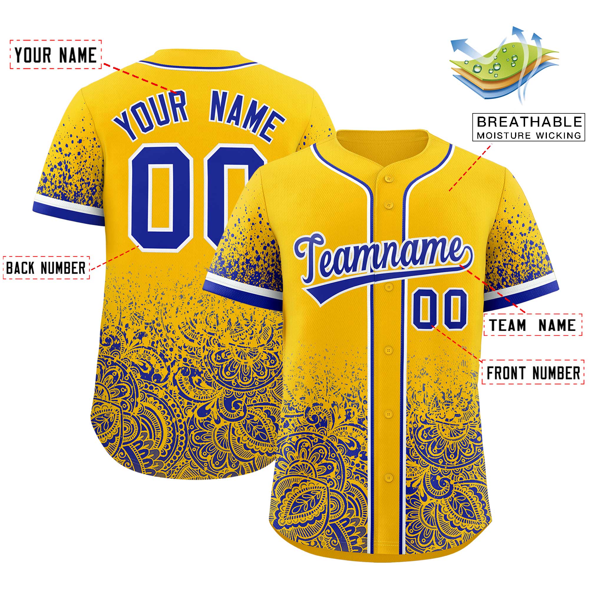 Custom Yellow Royal Floral Print Pattern Full Button Gradient Fashion Baseball Jersey