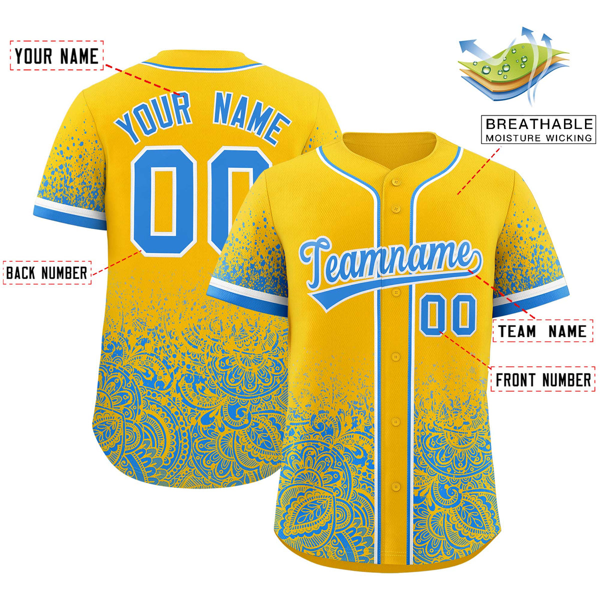 Custom Yellow Light Blue Floral Print Pattern Full Button Gradient Fashion Baseball Jersey
