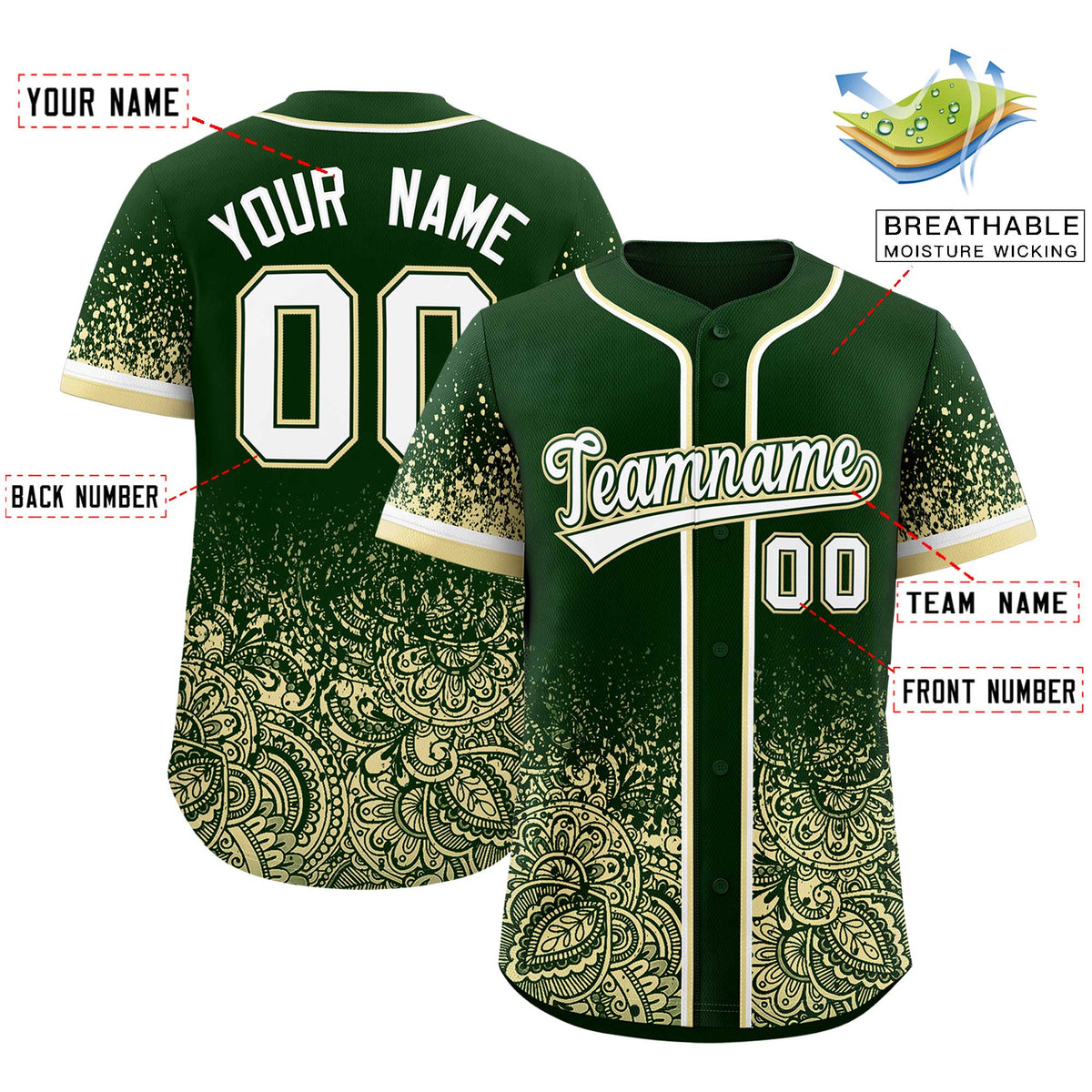 Custom Green Cream Floral Print Pattern Full Button Gradient Fashion Baseball Jersey