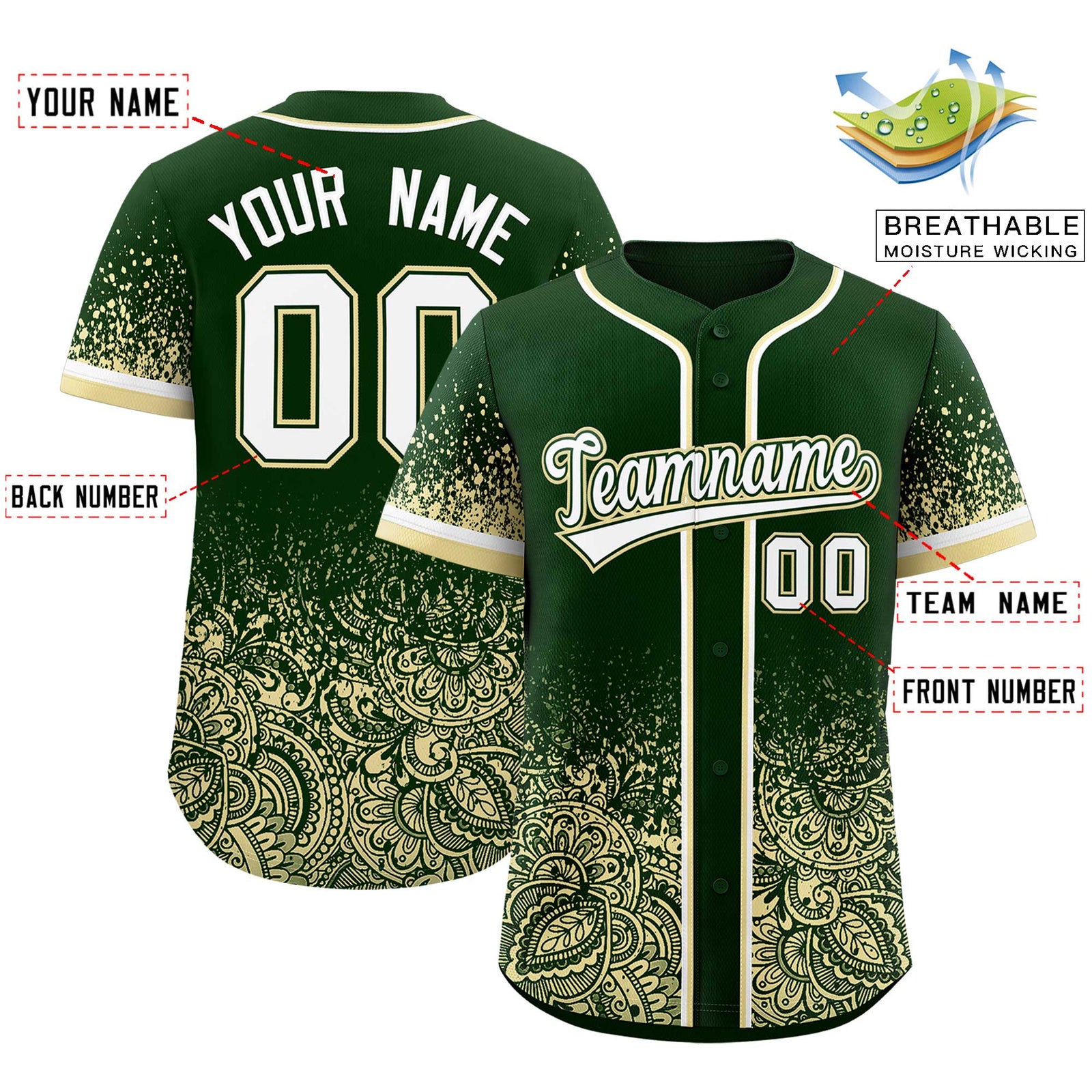 Custom Green Cream Floral Print Pattern Full Button Gradient Fashion Baseball Jersey