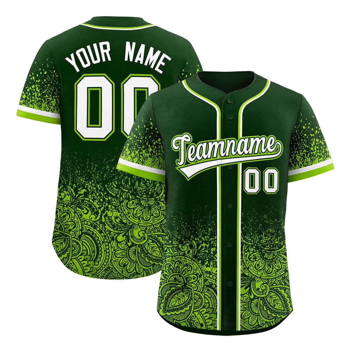 Custom Green Neon Green Floral Print Pattern Full Button Gradient Fashion Baseball Jersey