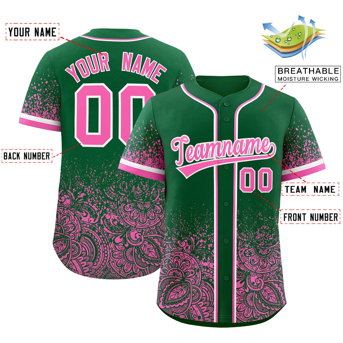 Custom Kelly Green Pink Floral Print Pattern Full Button Gradient Fashion Baseball Jersey