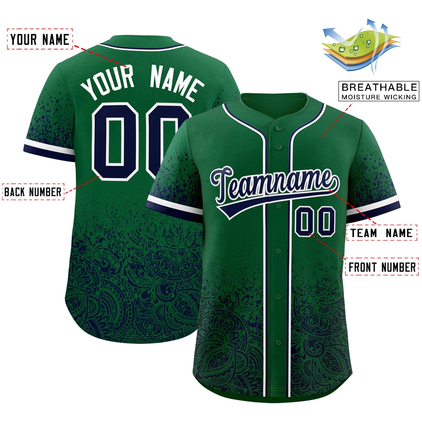 Custom Kelly Green Navy Floral Print Pattern Full Button Gradient Fashion Baseball Jersey