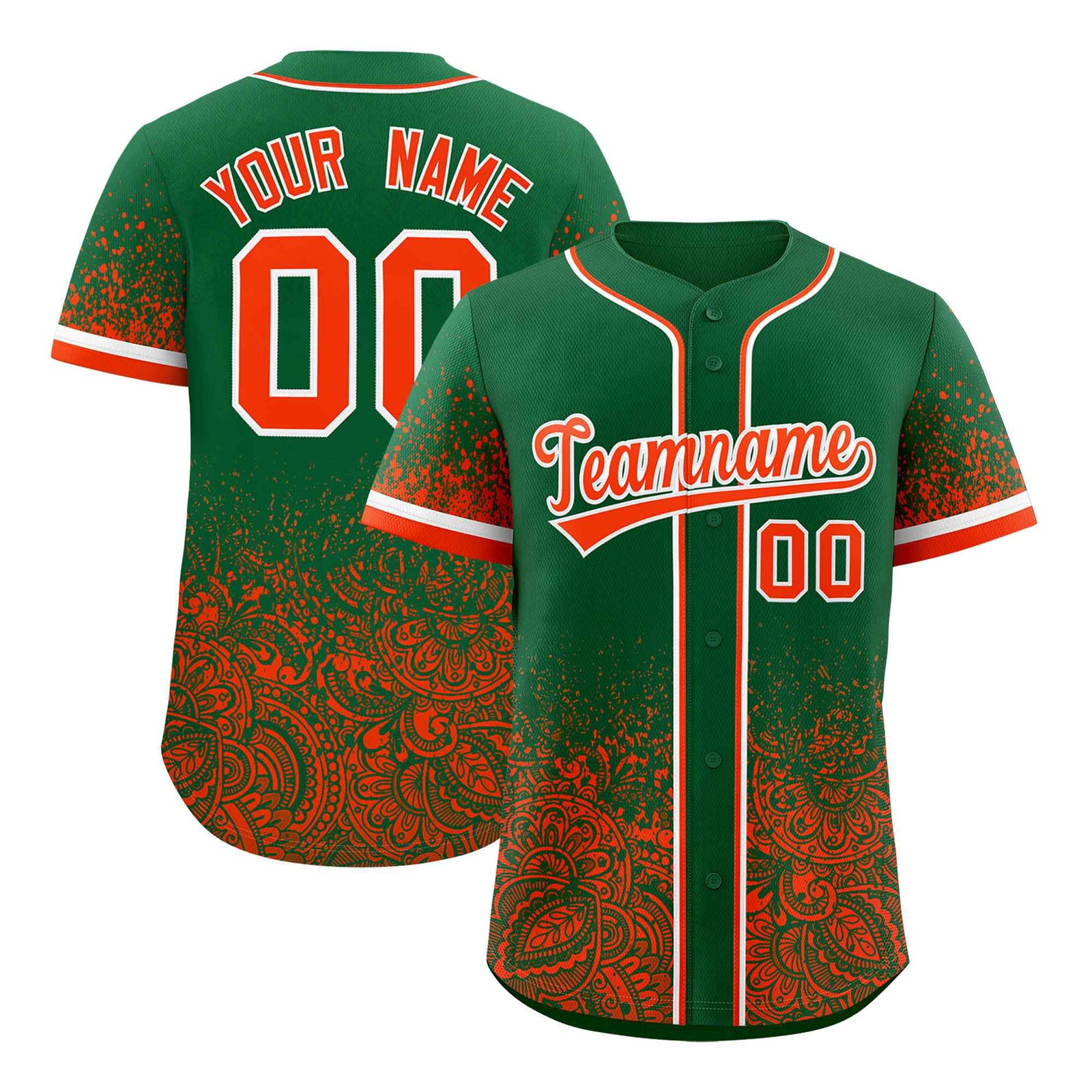Custom Kelly Green Orange Floral Print Pattern Full Button Gradient Fashion Baseball Jersey