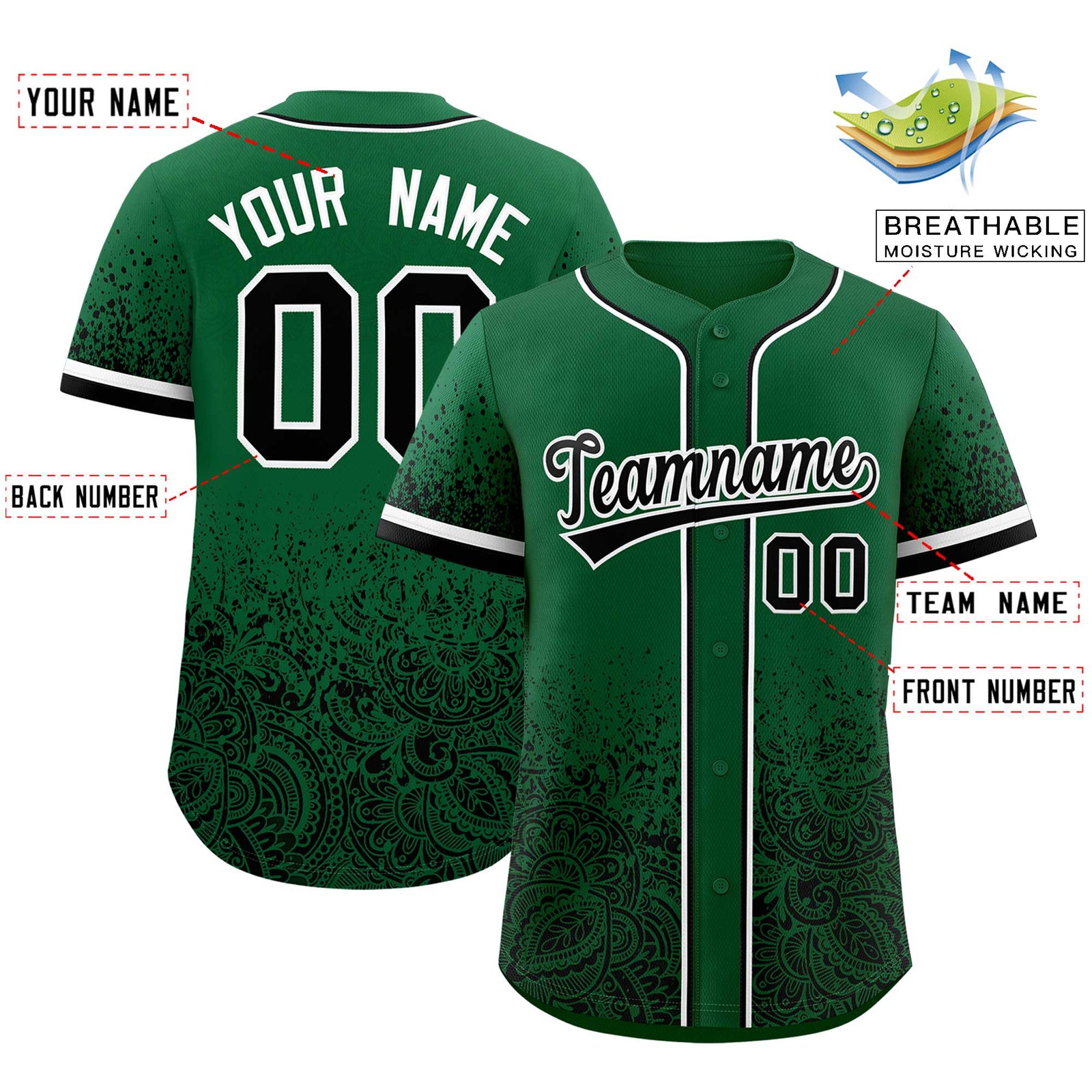 Custom Kelly Green Black Floral Print Pattern Full Button Gradient Fashion Baseball Jersey