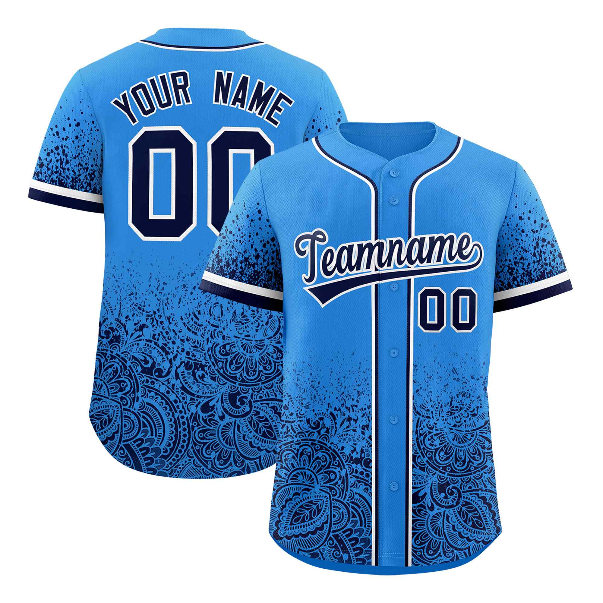 Custom Light Blue Navy Floral Print Pattern Full Button Gradient Fashion Baseball Jersey