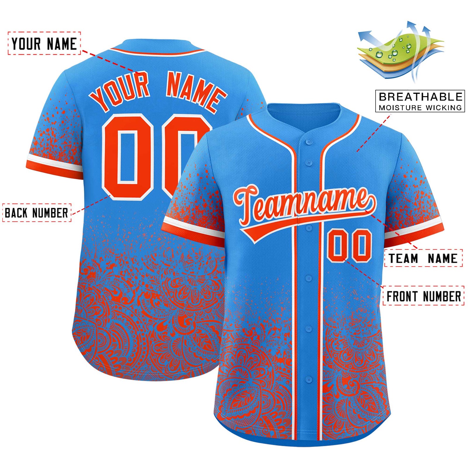 Custom Light Blue Orange Floral Print Pattern Full Button Gradient Fashion Baseball Jersey