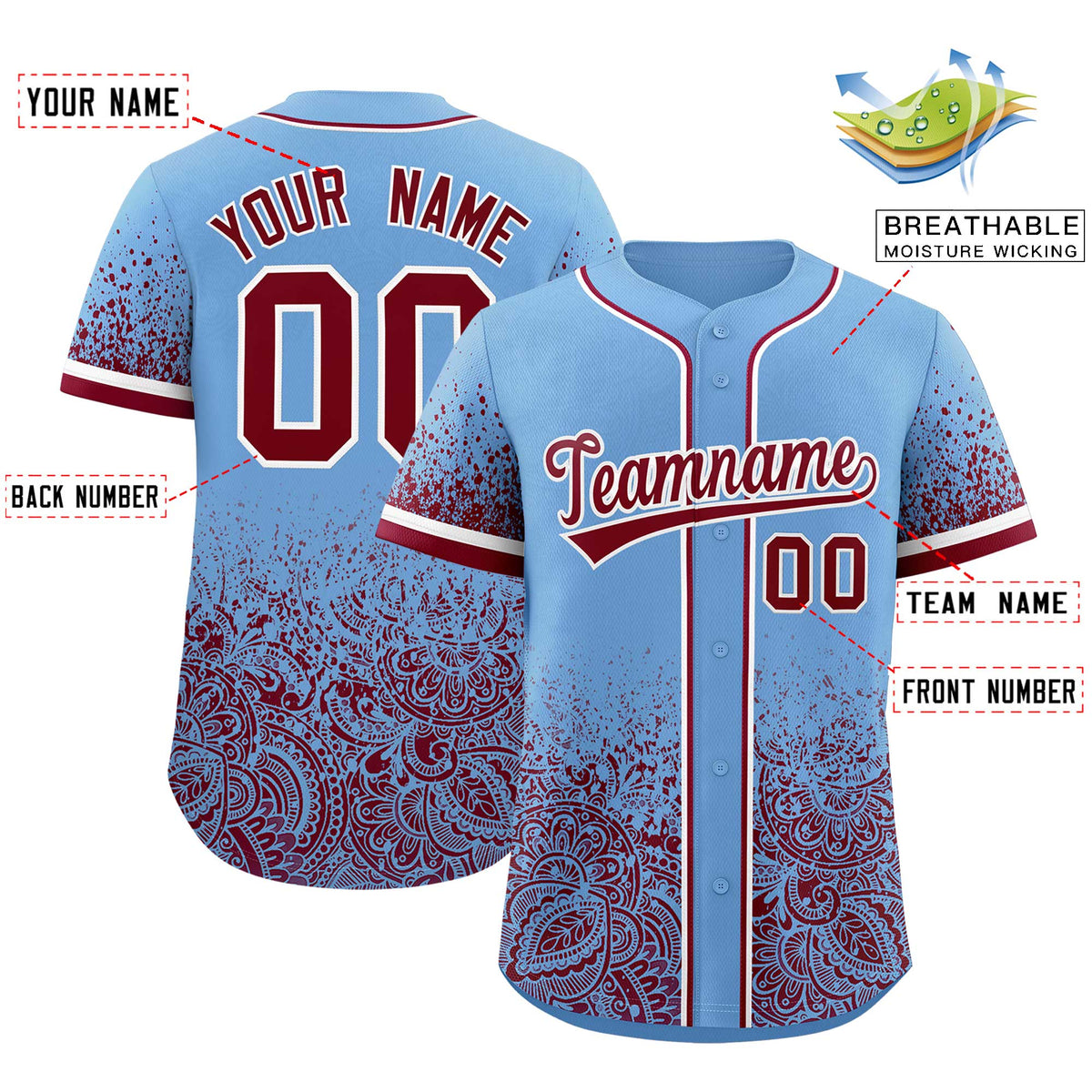 Custom Powder Blue Crimson Floral Print Pattern Full Button Gradient Fashion Baseball Jersey