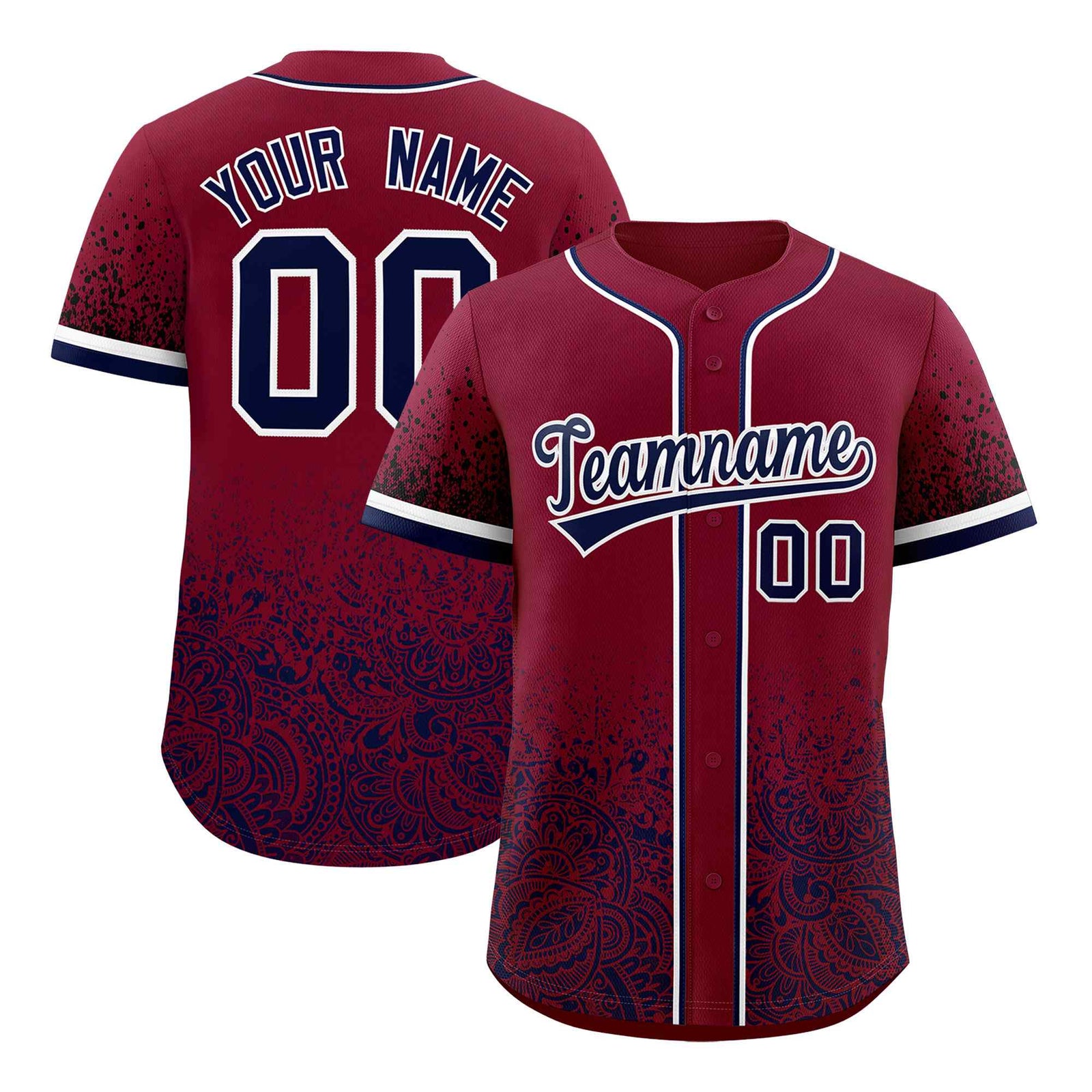Custom Crimson Navy Floral Print Pattern Full Button Gradient Fashion Baseball Jersey