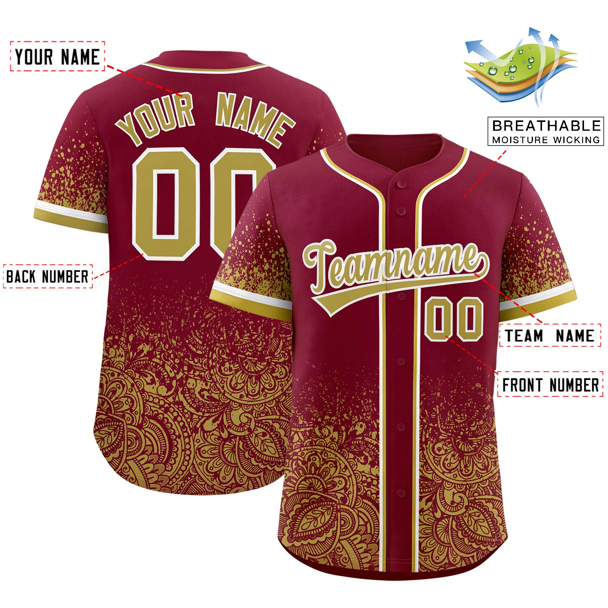 Custom Crimson Khaki Floral Print Pattern Full Button Gradient Fashion Baseball Jersey