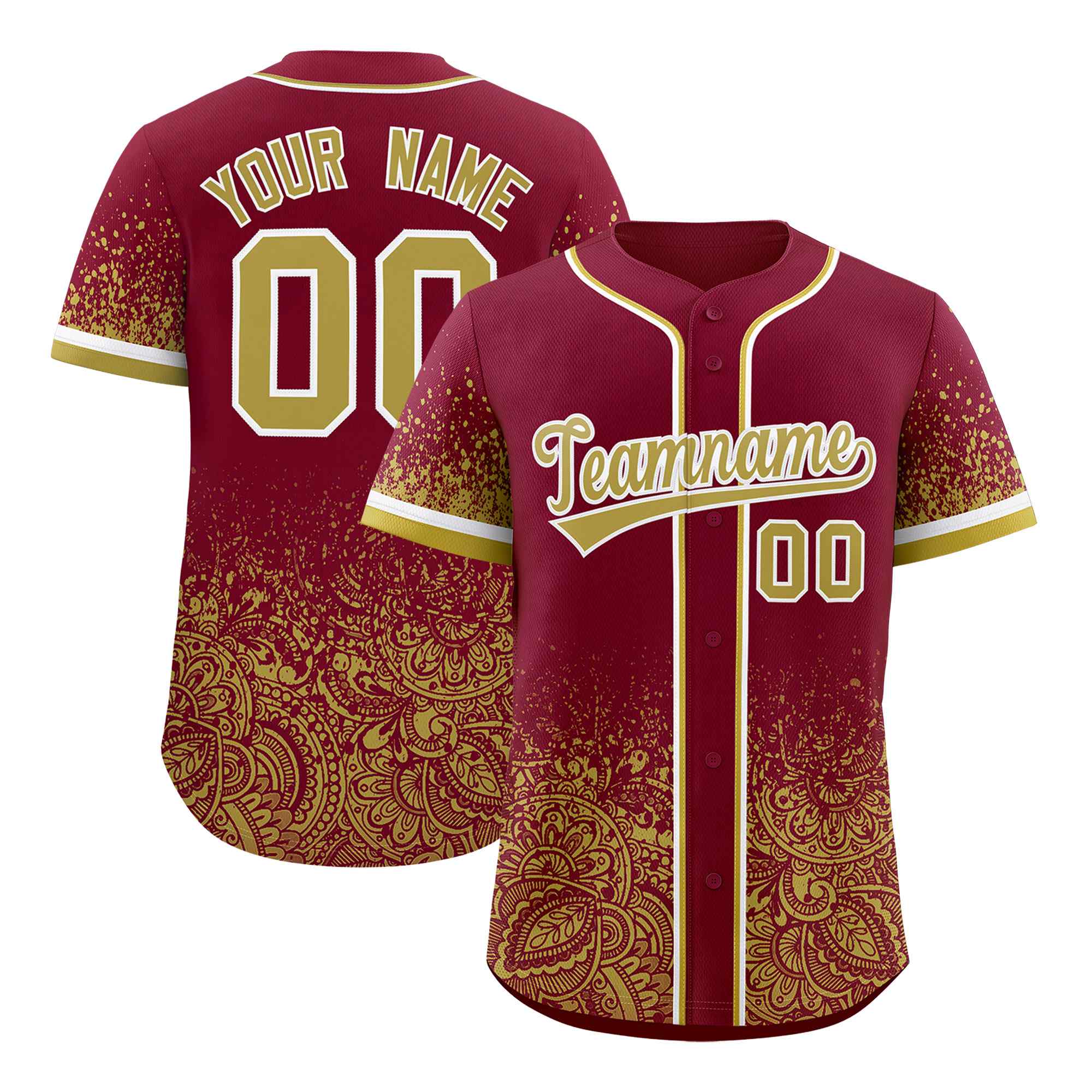 Custom Crimson Khaki Floral Print Pattern Full Button Gradient Fashion Baseball Jersey