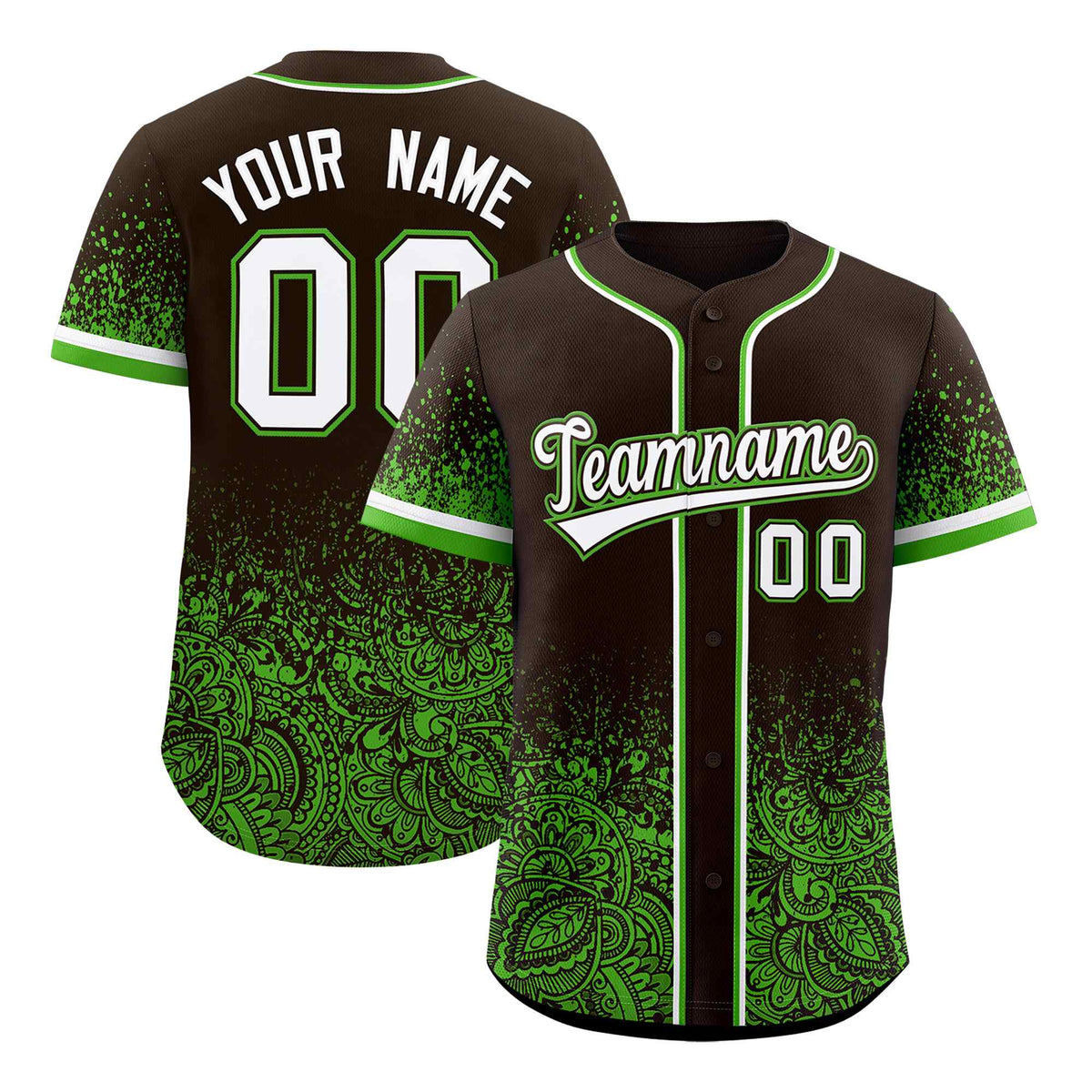 Custom Brown Green Floral Print Pattern Full Button Gradient Fashion Baseball Jersey