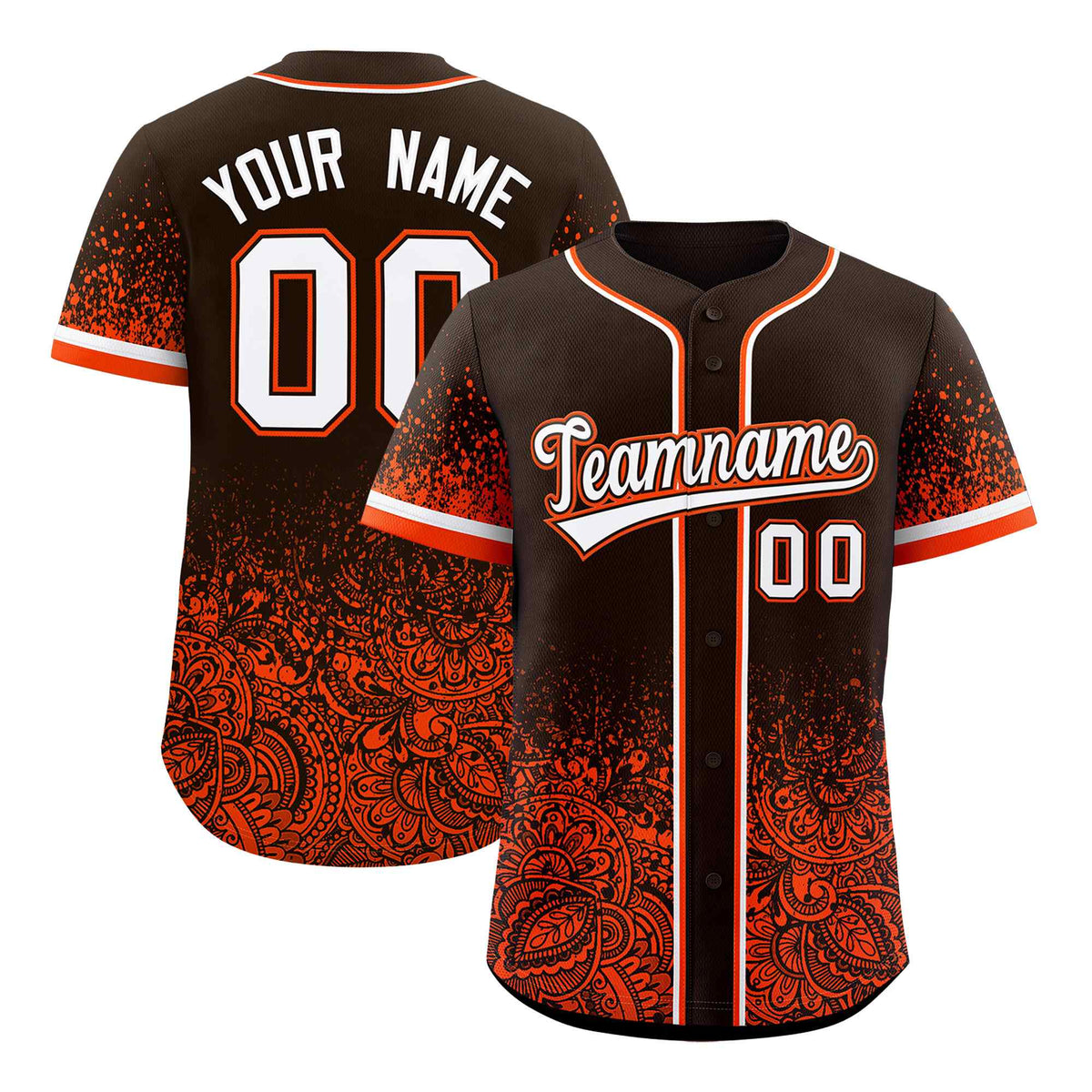 Custom Brown Orange Floral Print Pattern Full Button Gradient Fashion Baseball Jersey
