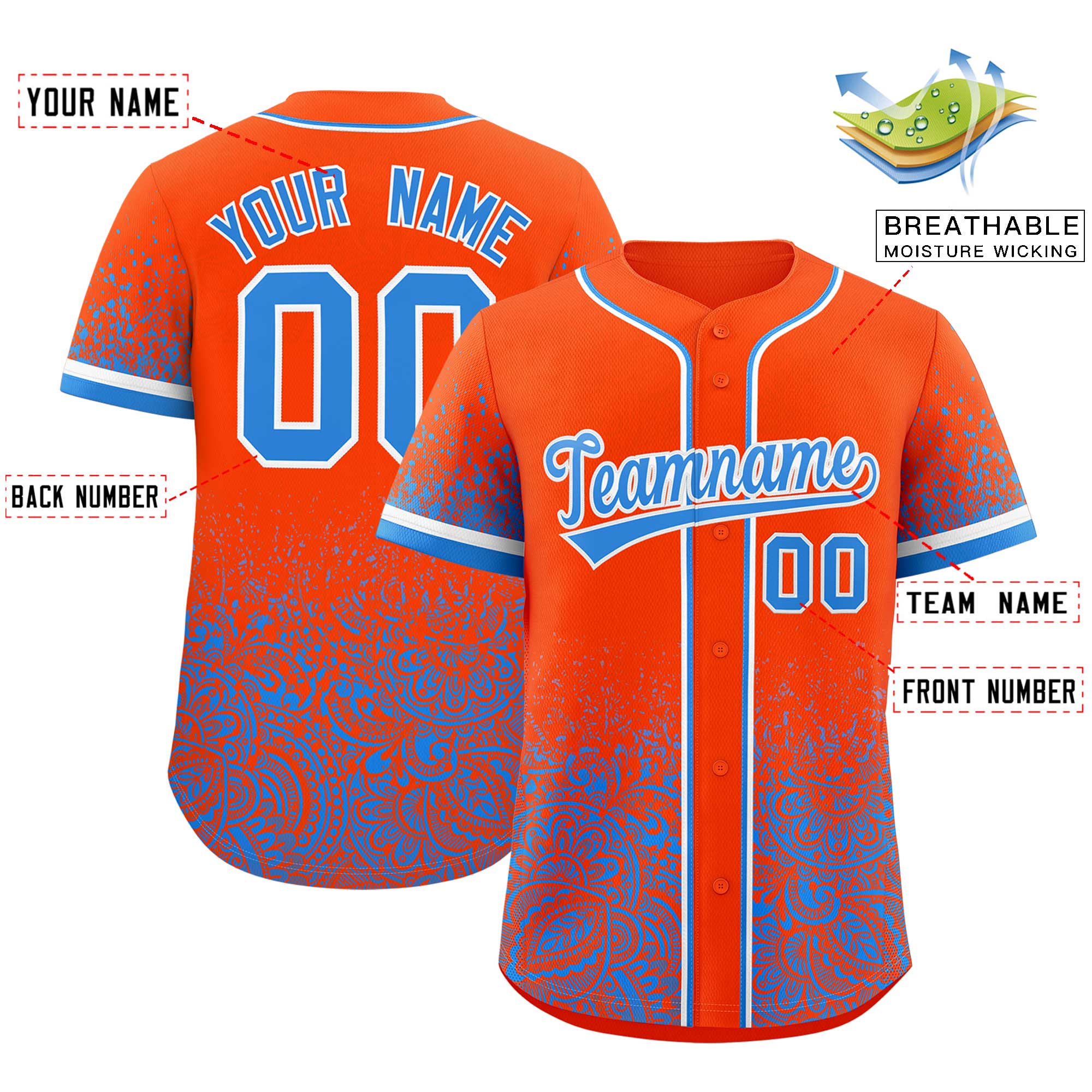 Custom Orange Light Blue Floral Print Pattern Full Button Gradient Fashion Baseball Jersey