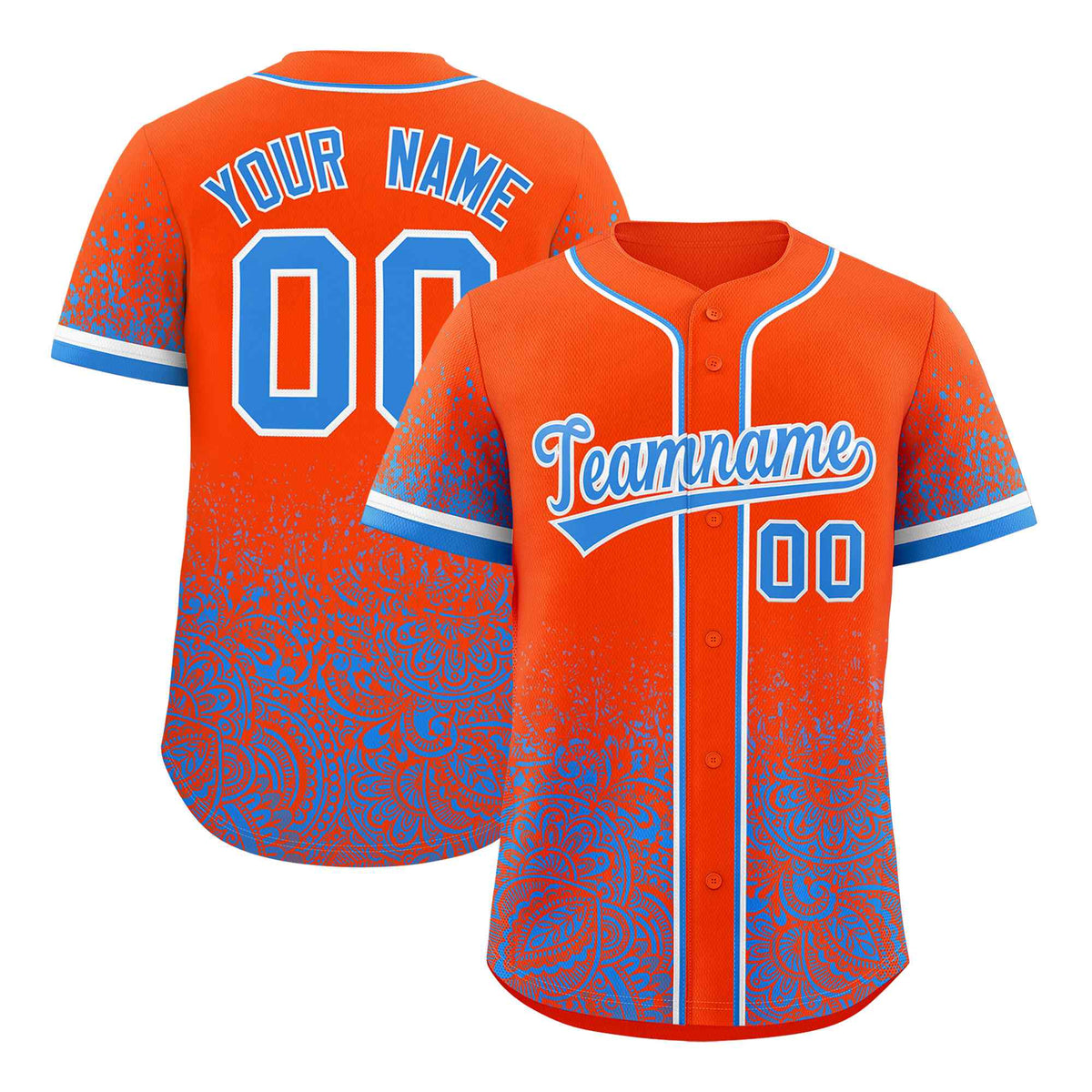 Custom Orange Light Blue Floral Print Pattern Full Button Gradient Fashion Baseball Jersey