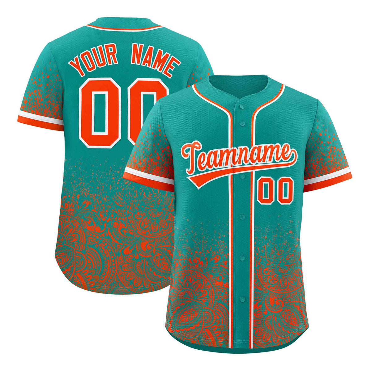 Custom Aqua Orange Floral Print Pattern Full Button Gradient Fashion Baseball Jersey