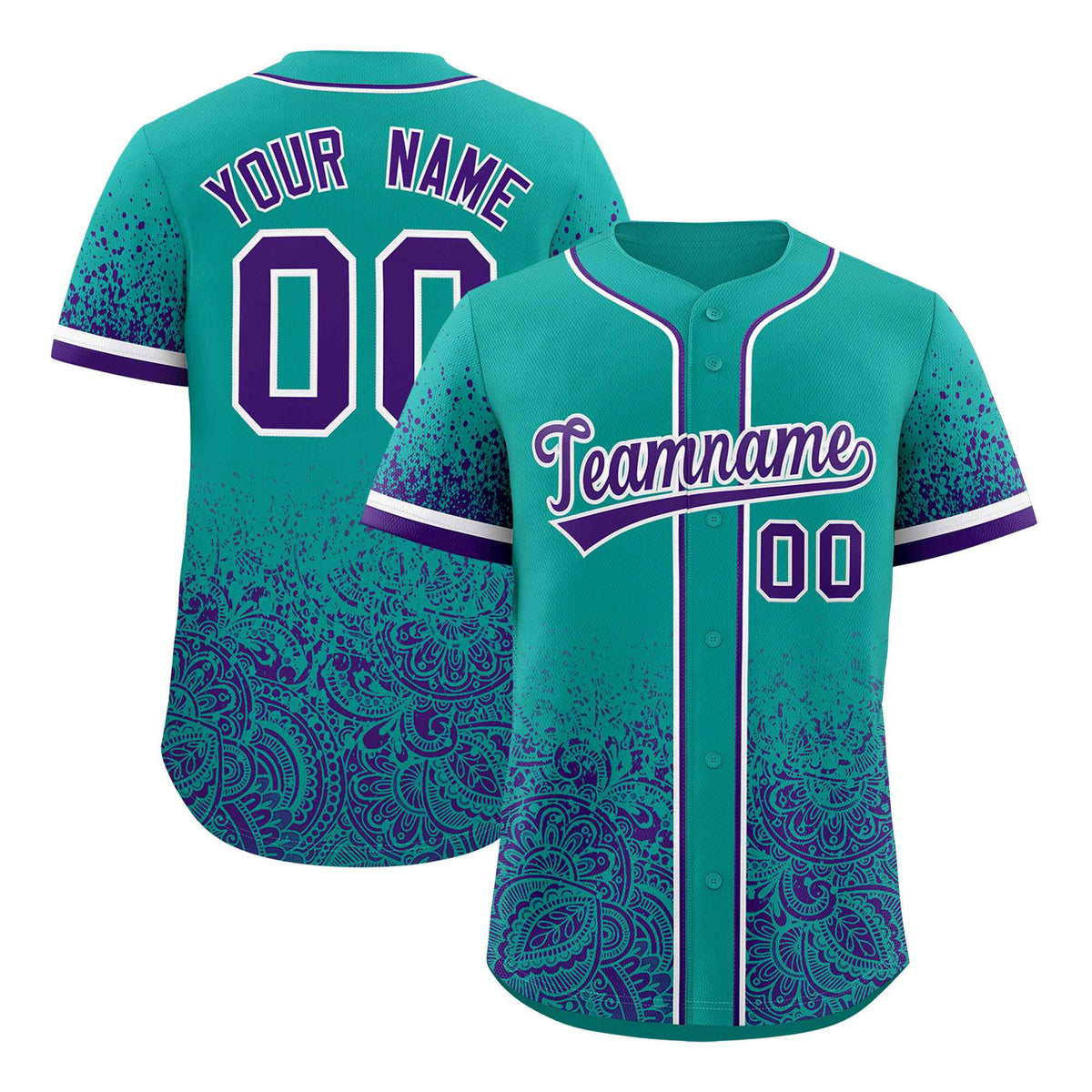 Custom Aqua Purple Floral Print Pattern Full Button Gradient Fashion Baseball Jersey