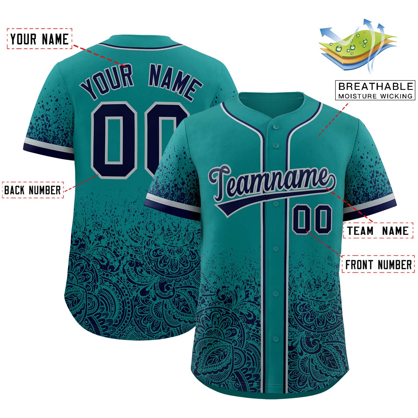 Custom Teal Navy Floral Print Pattern Full Button Gradient Fashion Baseball Jersey