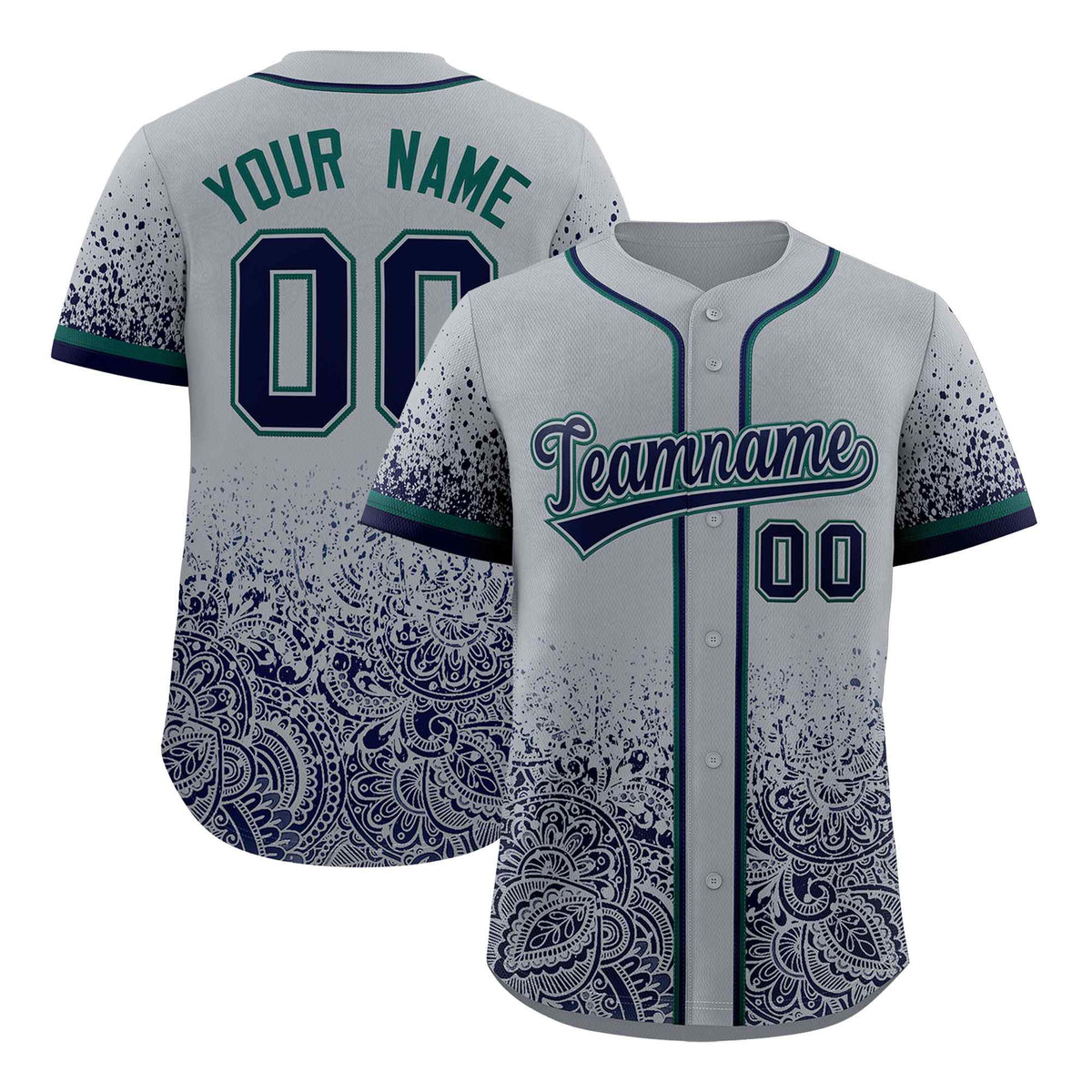 Custom Gray Navy Floral Print Pattern Full Button Gradient Fashion Baseball Jersey