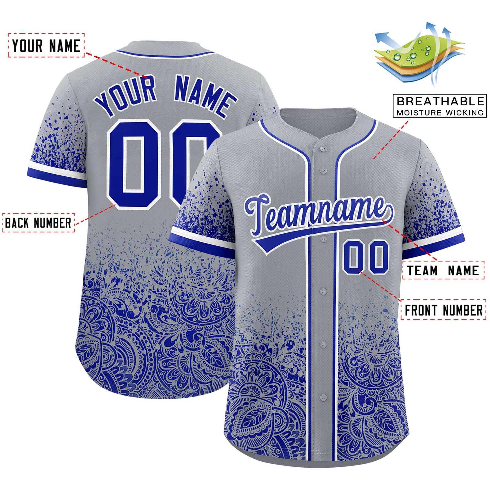 Custom Gray Royal Floral Print Pattern Full Button Gradient Fashion Baseball Jersey