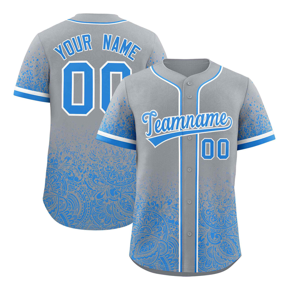 Custom Gray Light Blue Floral Print Pattern Full Button Gradient Fashion Baseball Jersey