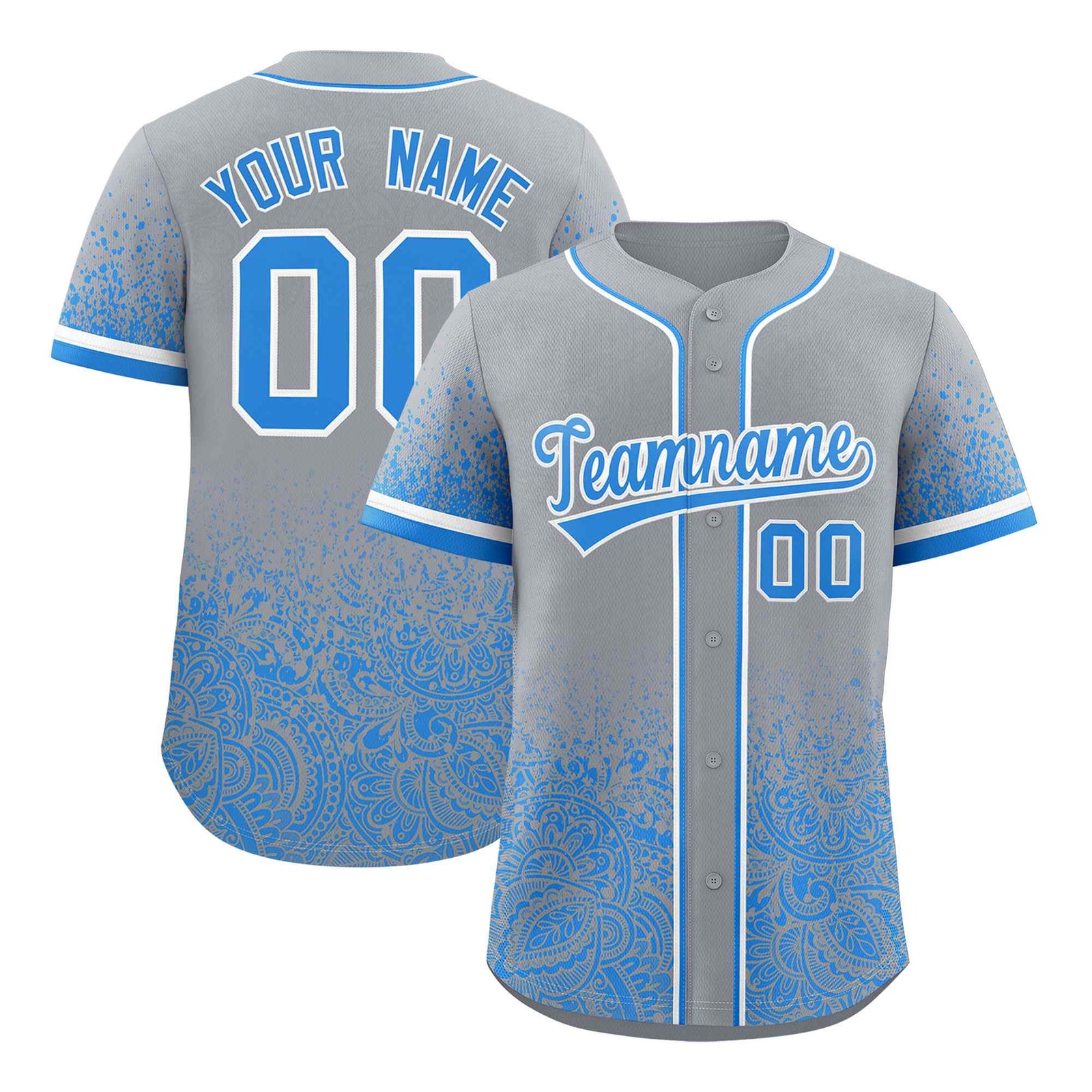 Custom Gray Light Blue Floral Print Pattern Full Button Gradient Fashion Baseball Jersey