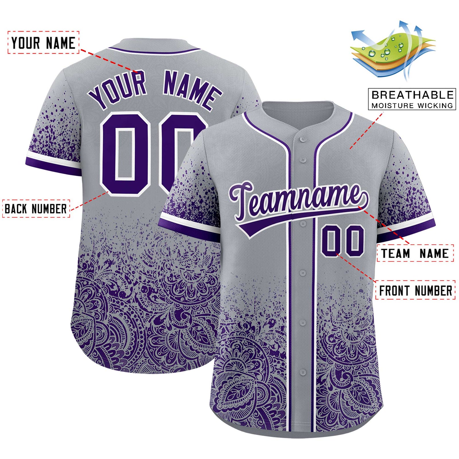 Custom Gray Purple Floral Print Pattern Full Button Gradient Fashion Baseball Jersey