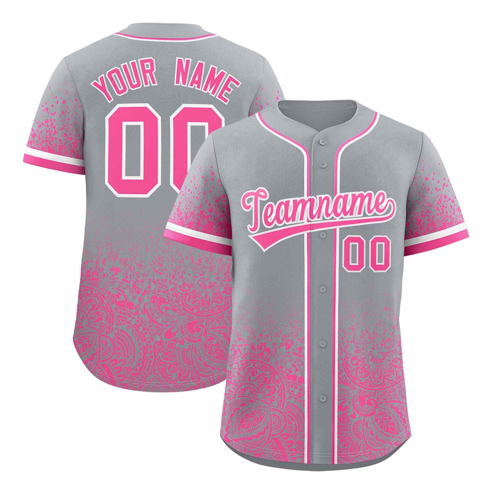 Custom Gray Pink Floral Print Pattern Full Button Gradient Fashion Baseball Jersey