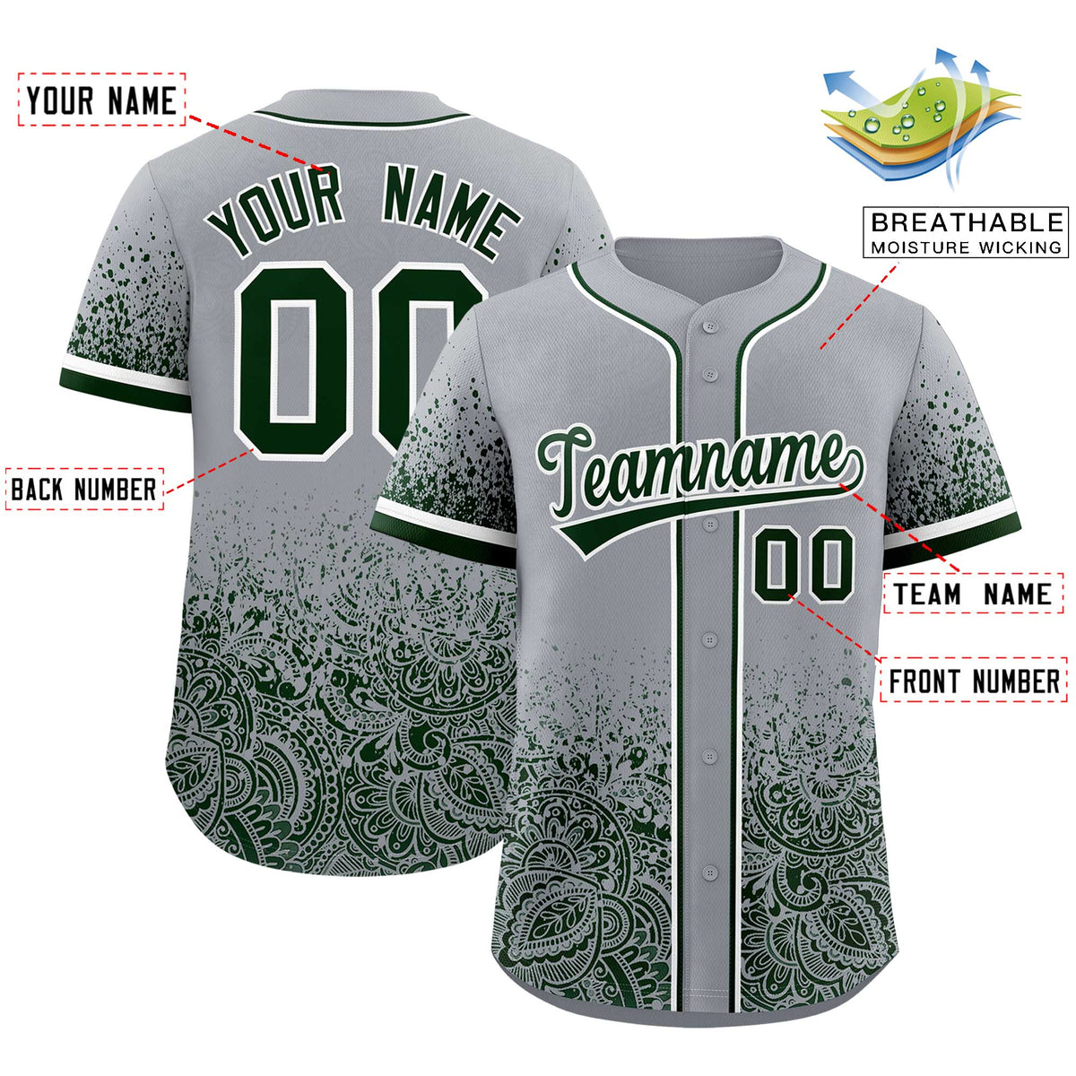 Custom Gray Green Floral Print Pattern Full Button Gradient Fashion Baseball Jersey