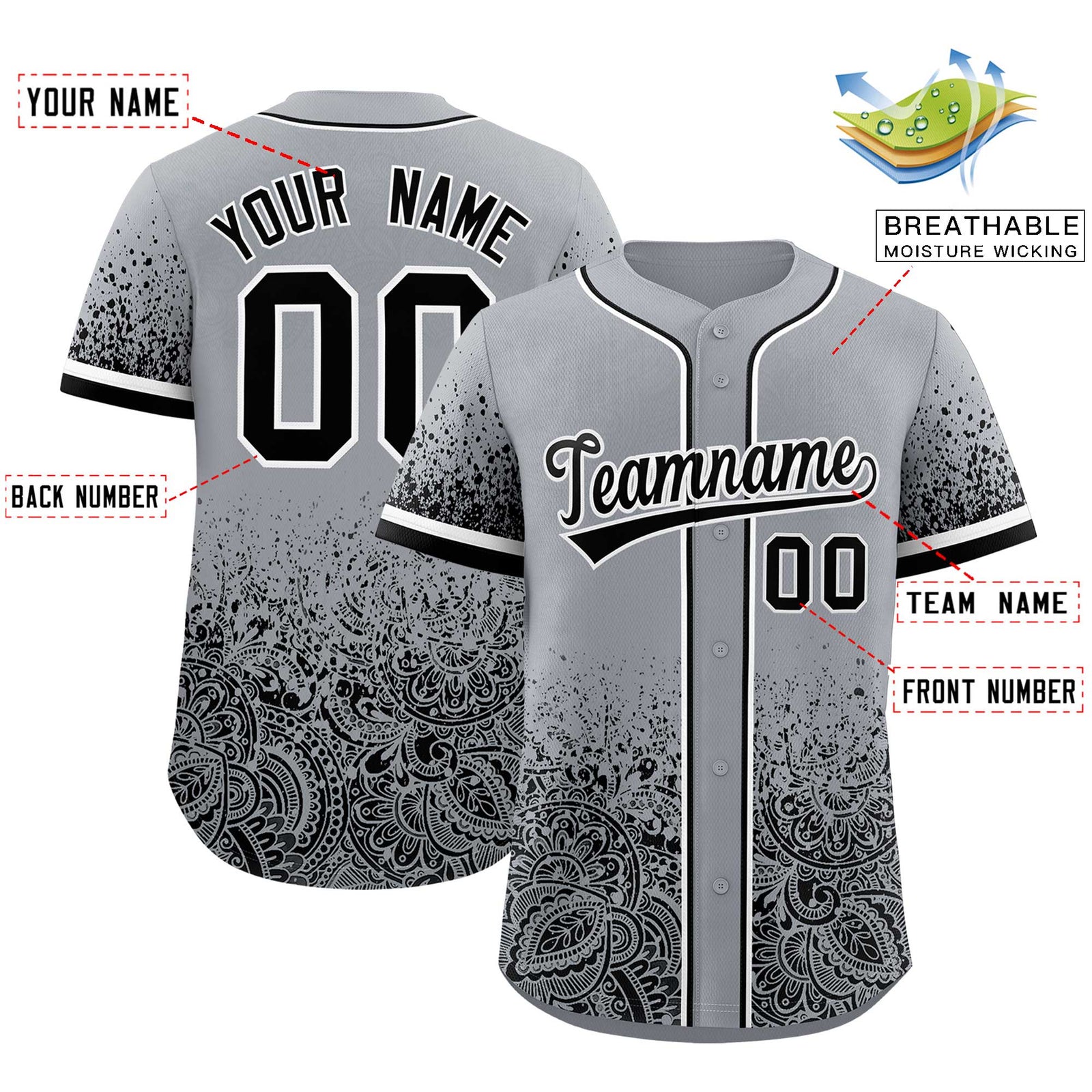 Custom Gray Black Floral Print Pattern Full Button Gradient Fashion Baseball Jersey