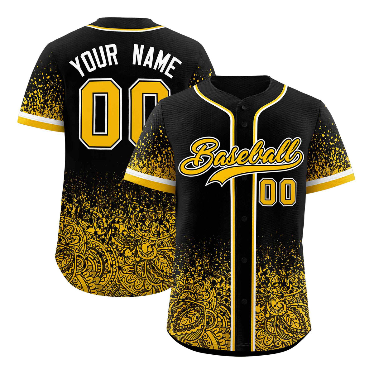 Custom Black Yellow Floral Print Pattern Full Button Gradient Fashion Baseball Jersey