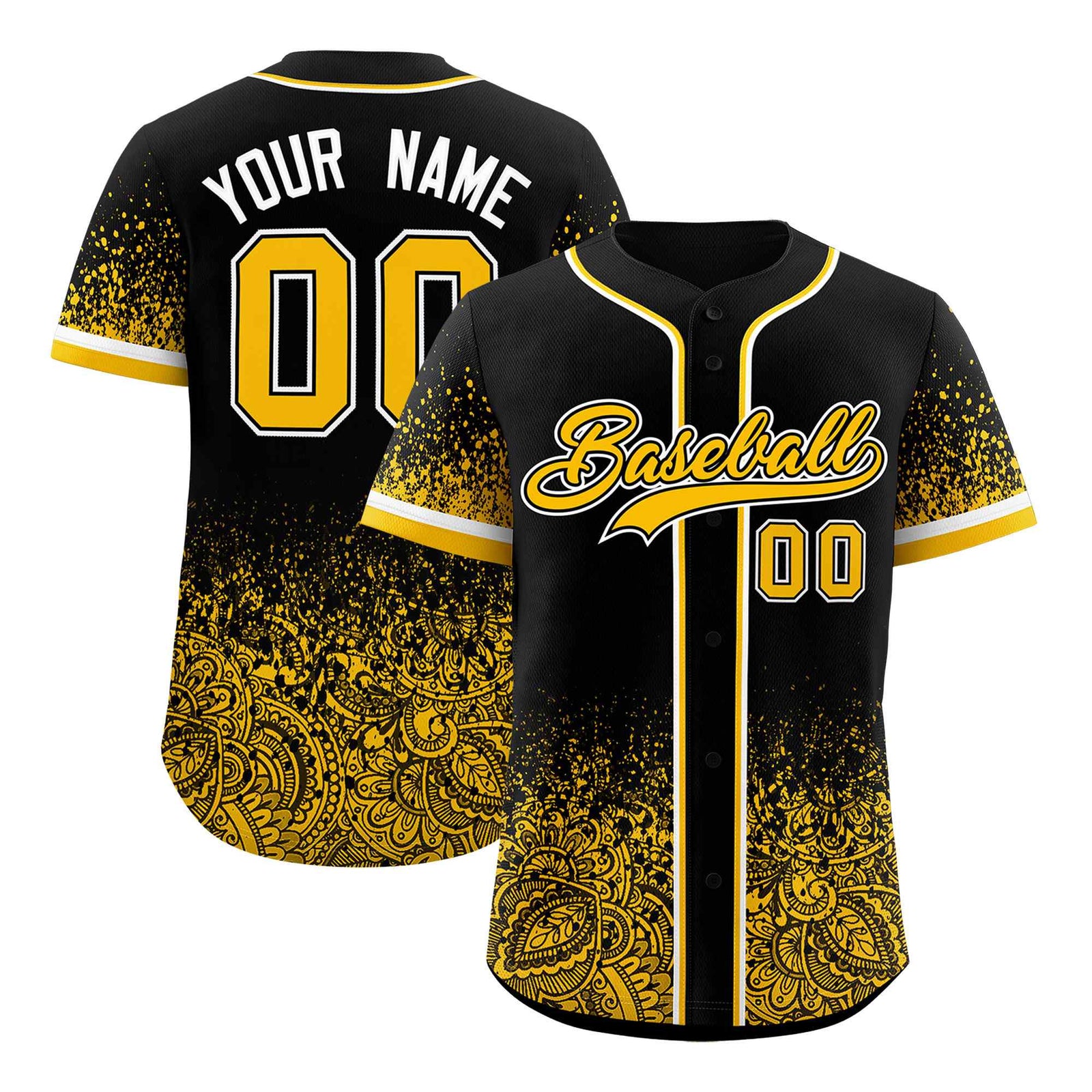 Custom Black Yellow Floral Print Pattern Full Button Gradient Fashion Baseball Jersey