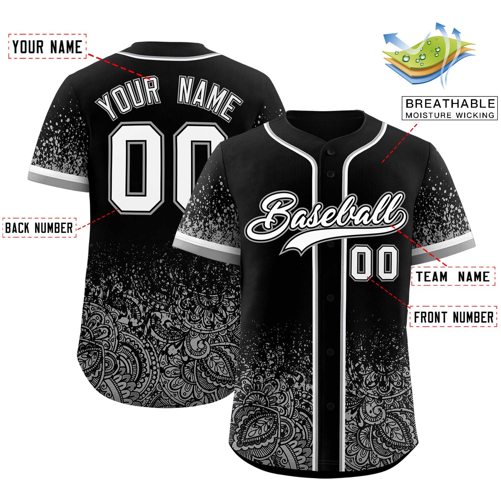 Custom Black Gray Floral Print Pattern Full Button Gradient Fashion Baseball Jersey