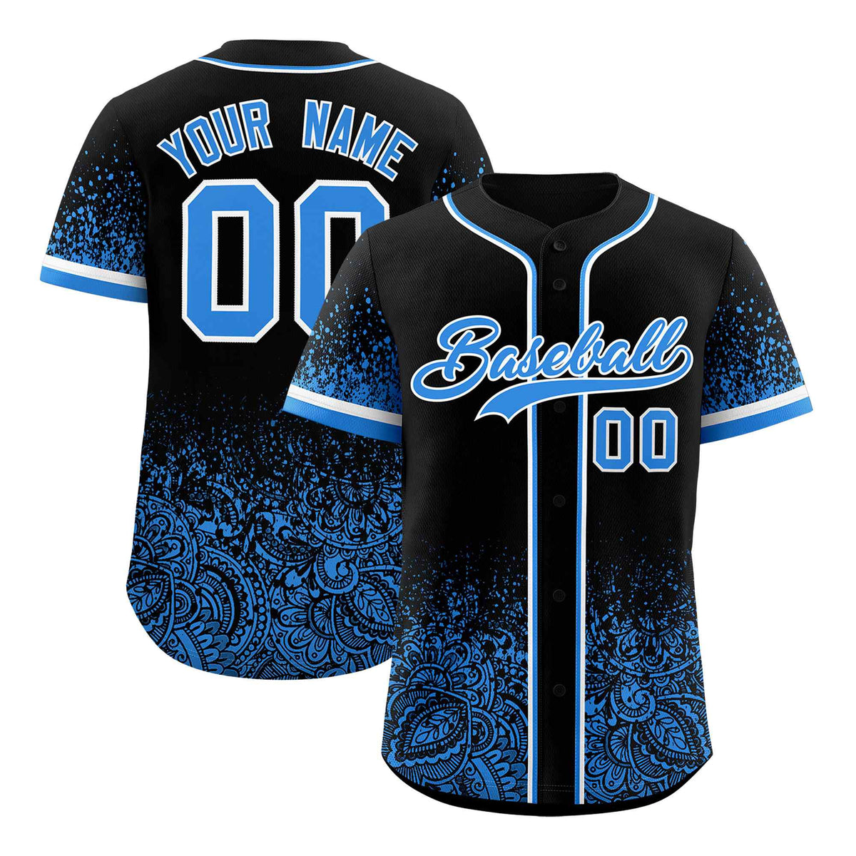 Custom Black Light Blue Floral Print Pattern Full Button Gradient Fashion Baseball Jersey