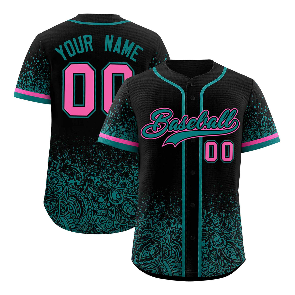 Custom Black Teal Floral Print Pattern Full Button Gradient Fashion Baseball Jersey