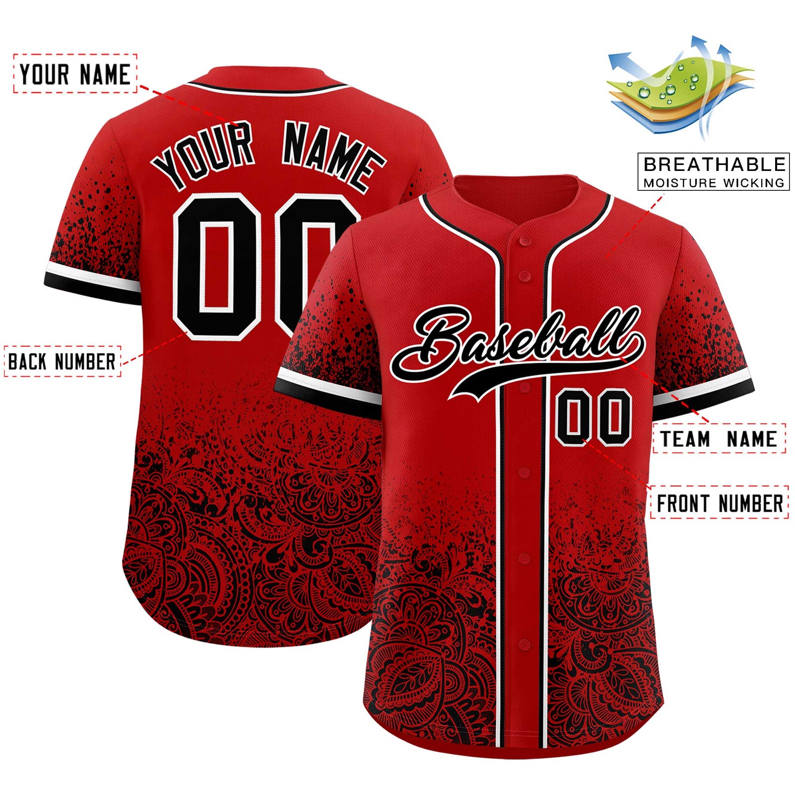 Custom Red Black Floral Print Pattern Full Button Gradient Fashion Baseball Jersey