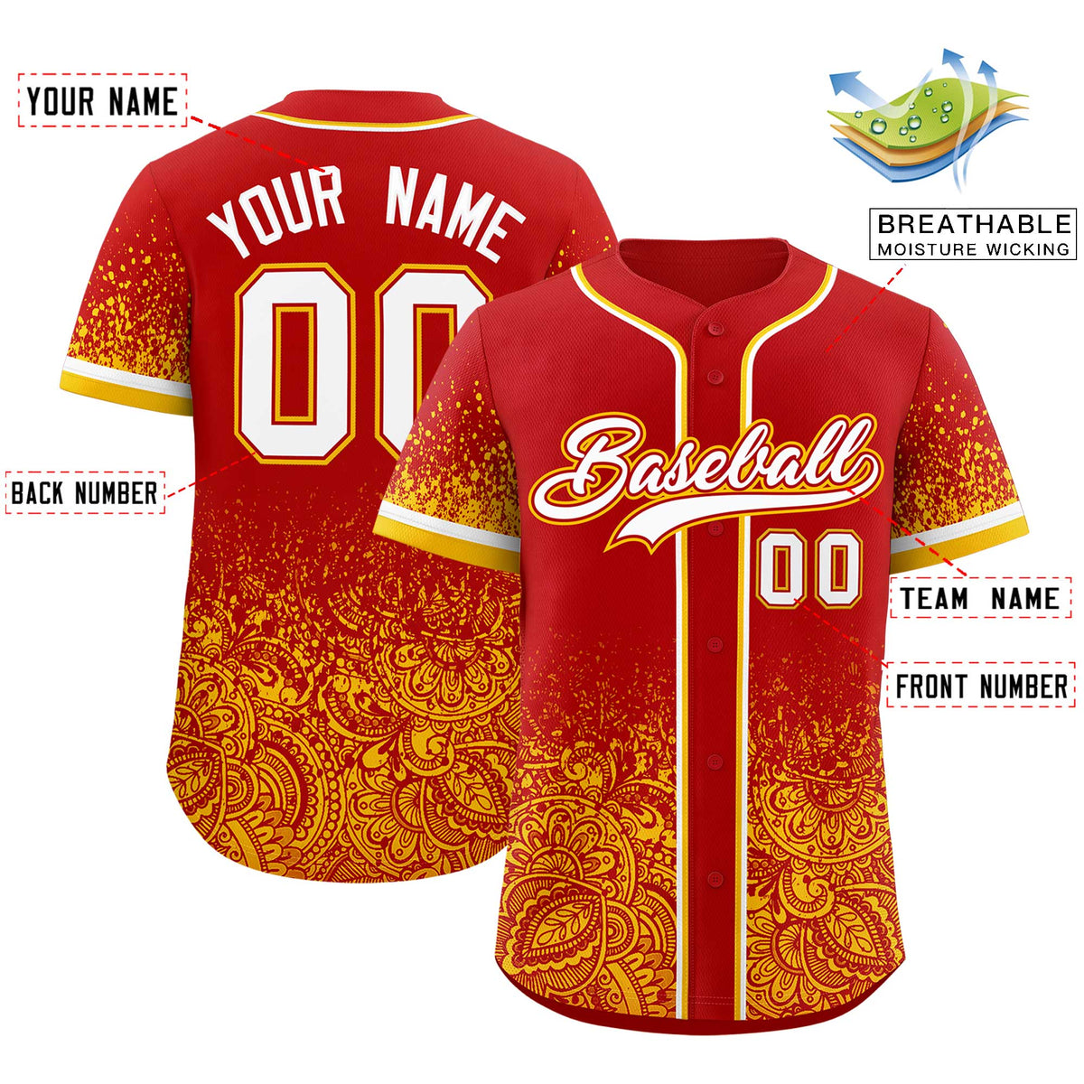Custom Red Yellow Floral Print Pattern Full Button Gradient Fashion Baseball Jersey