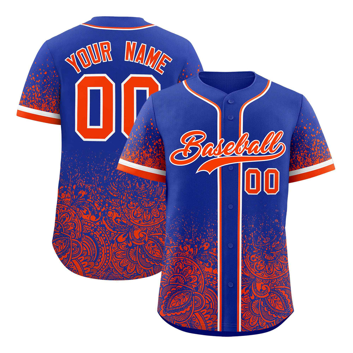 Custom Royal Orange Floral Print Pattern Full Button Gradient Fashion Baseball Jersey