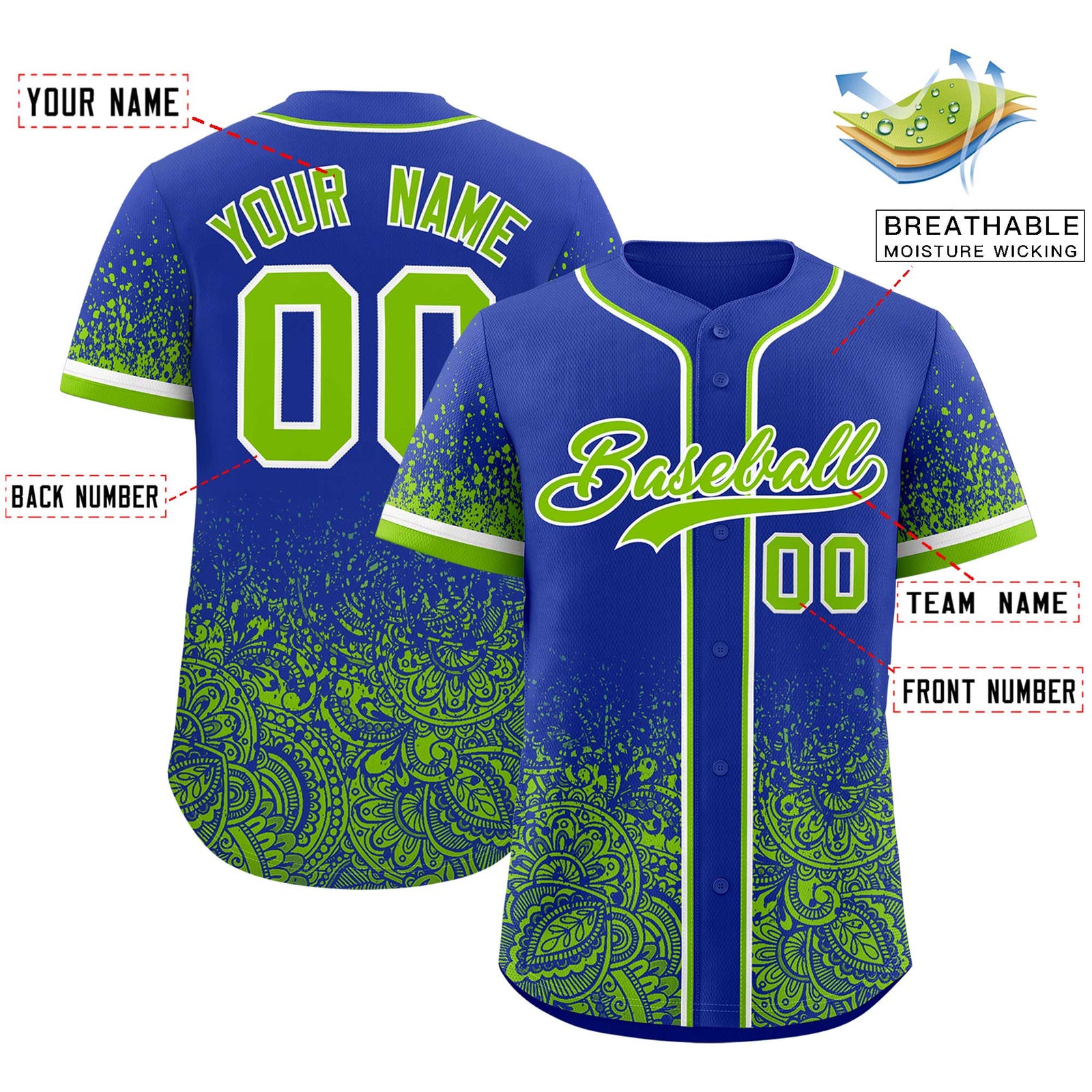 Custom Royal Neon Green Floral Print Pattern Full Button Gradient Fashion Baseball Jersey