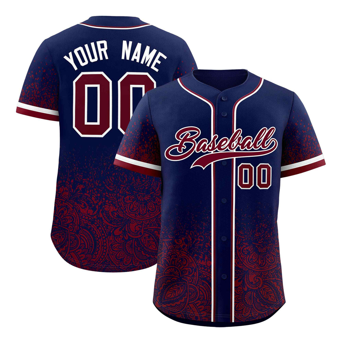 Custom Navy Crimson Floral Print Pattern Full Button Gradient Fashion Baseball Jersey