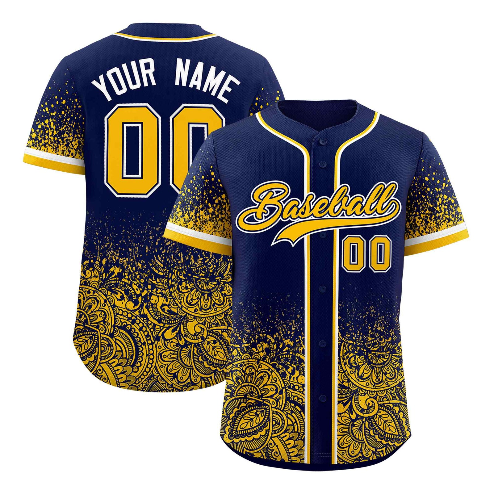 Custom Navy Yellow Floral Print Pattern Full Button Gradient Fashion Baseball Jersey