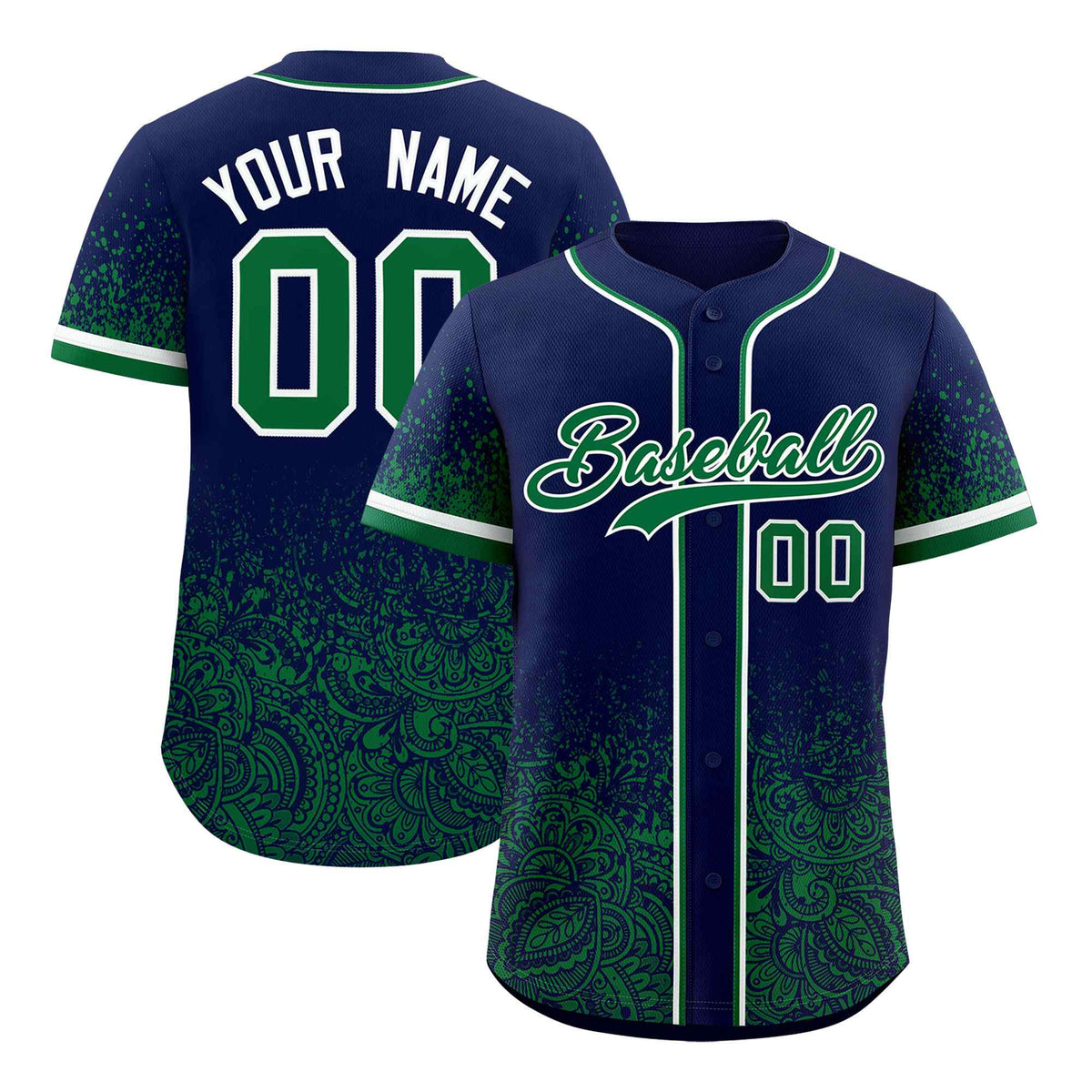 Custom Navy Kelly Green Floral Print Pattern Full Button Gradient Fashion Baseball Jersey